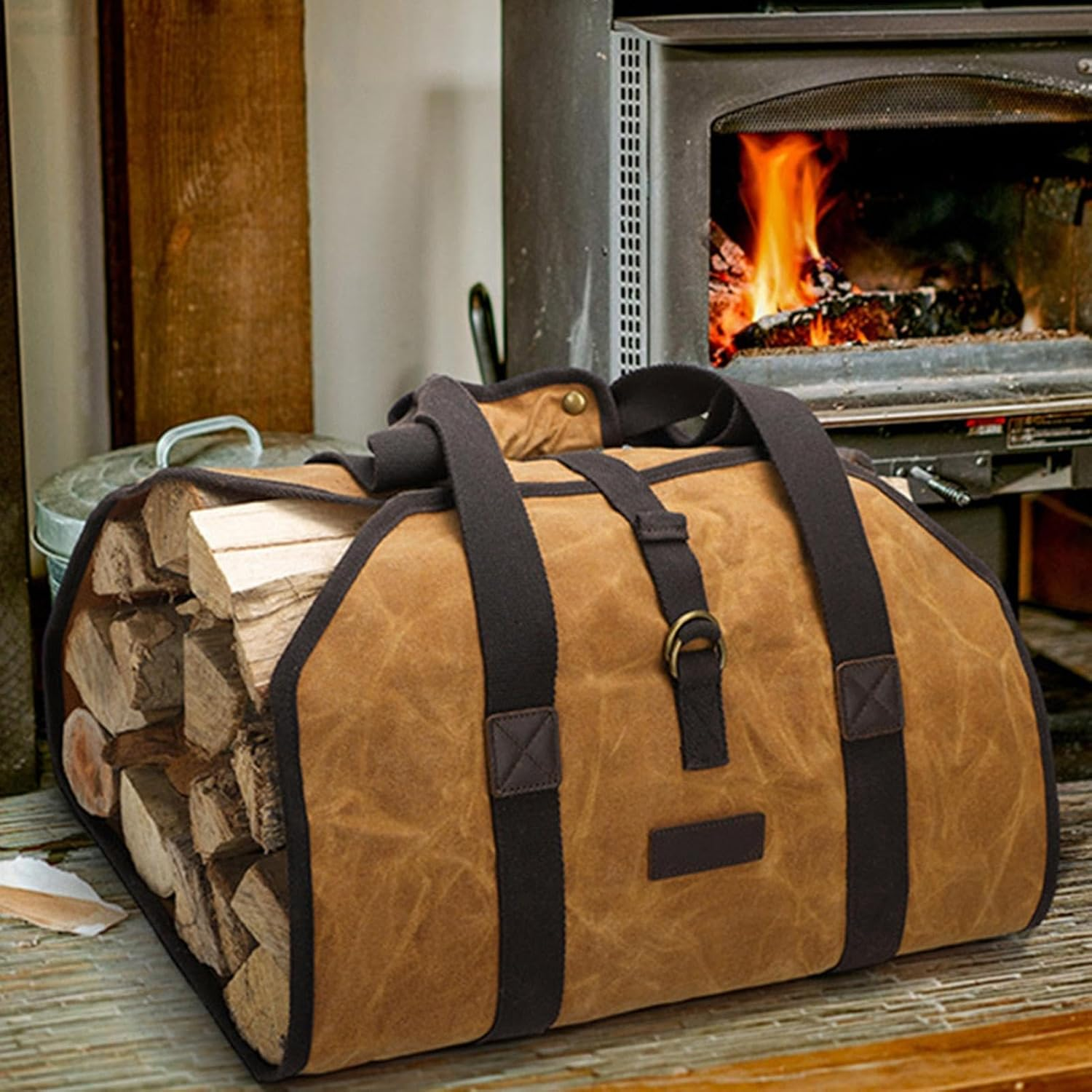 Waxed Canvas Firewood Bag Carrier, Heavy Duty Firewood Log Carrier, Water Resistant Log Tote Wood Carrying Bag with Handles for Camping Trip, Log Carrier Tote Wood Stove Accessories image number 2