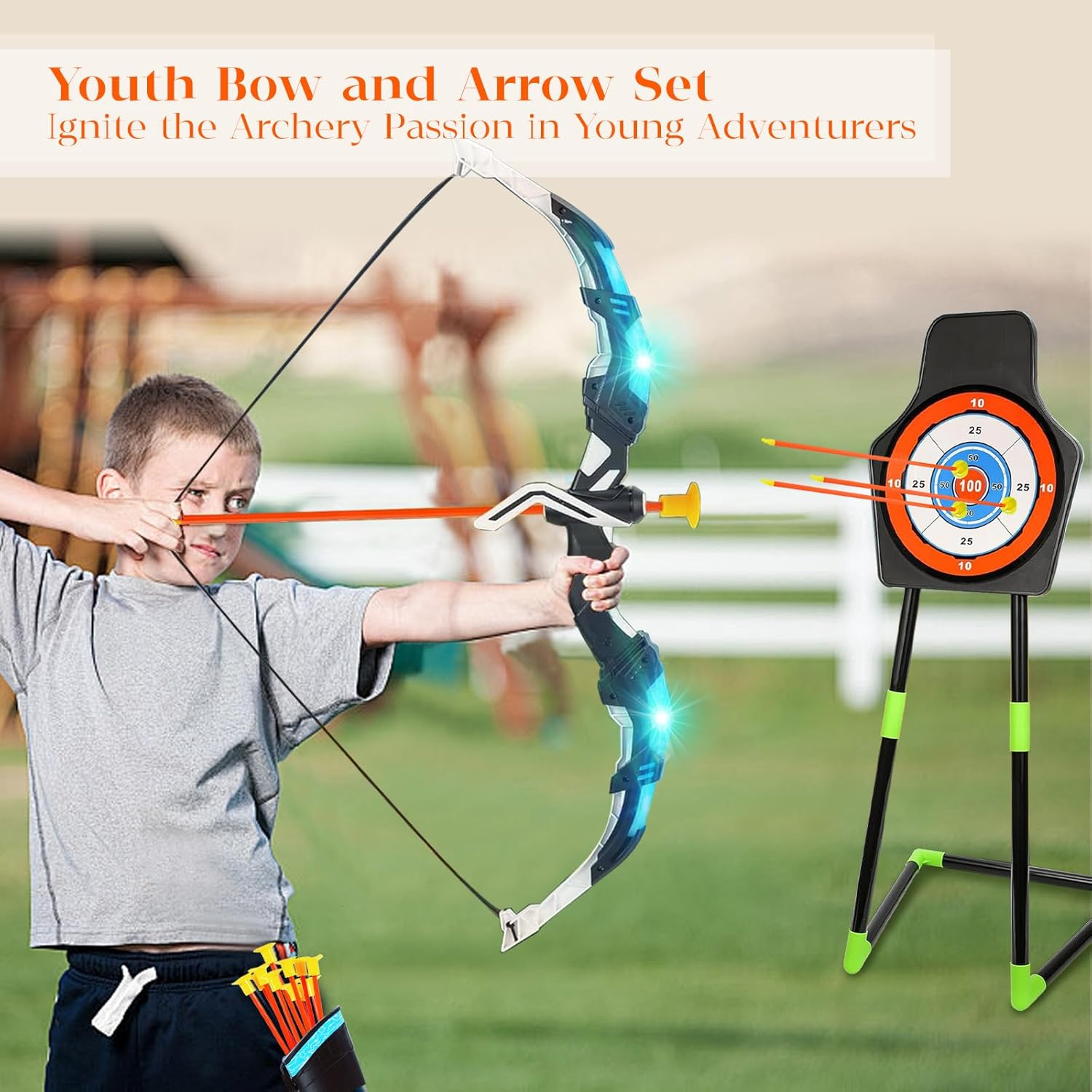Bow and Arrow Set for Kids, 2-Pack LED Light up Archery Set with 20 Suction Cup Arrows, Outdoor Toy for Boy Girl with Standing Target&2 Quivers, Birthday Kid 5 6 7 8 9 Year Old image number 5