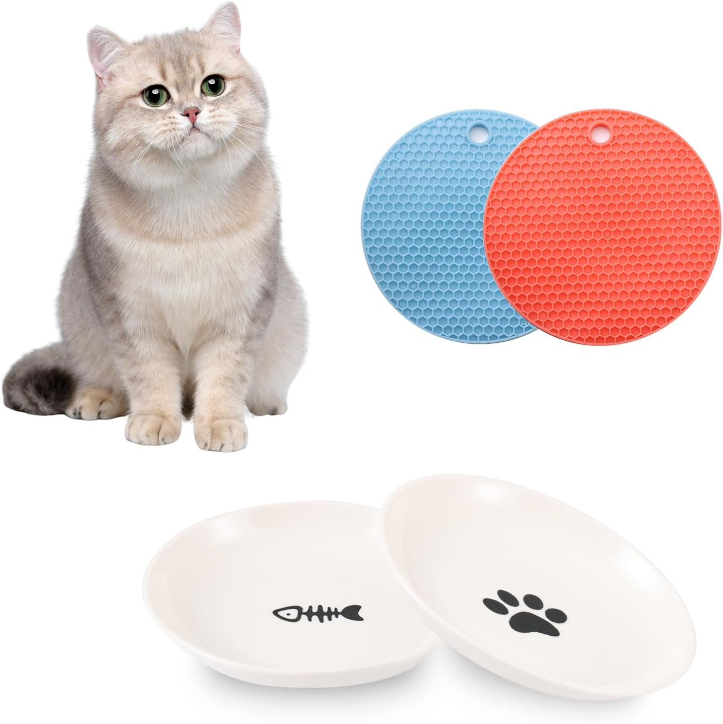 Cat Bowl, 1 Piece Ceramic Feeding Bowl with 1 Non-Slip Mat, Cat Bowl Set, Kitten Feeding Bowl, Wide and Flat Pet Feeding Bowl or Plate for Cats and Small Dogs