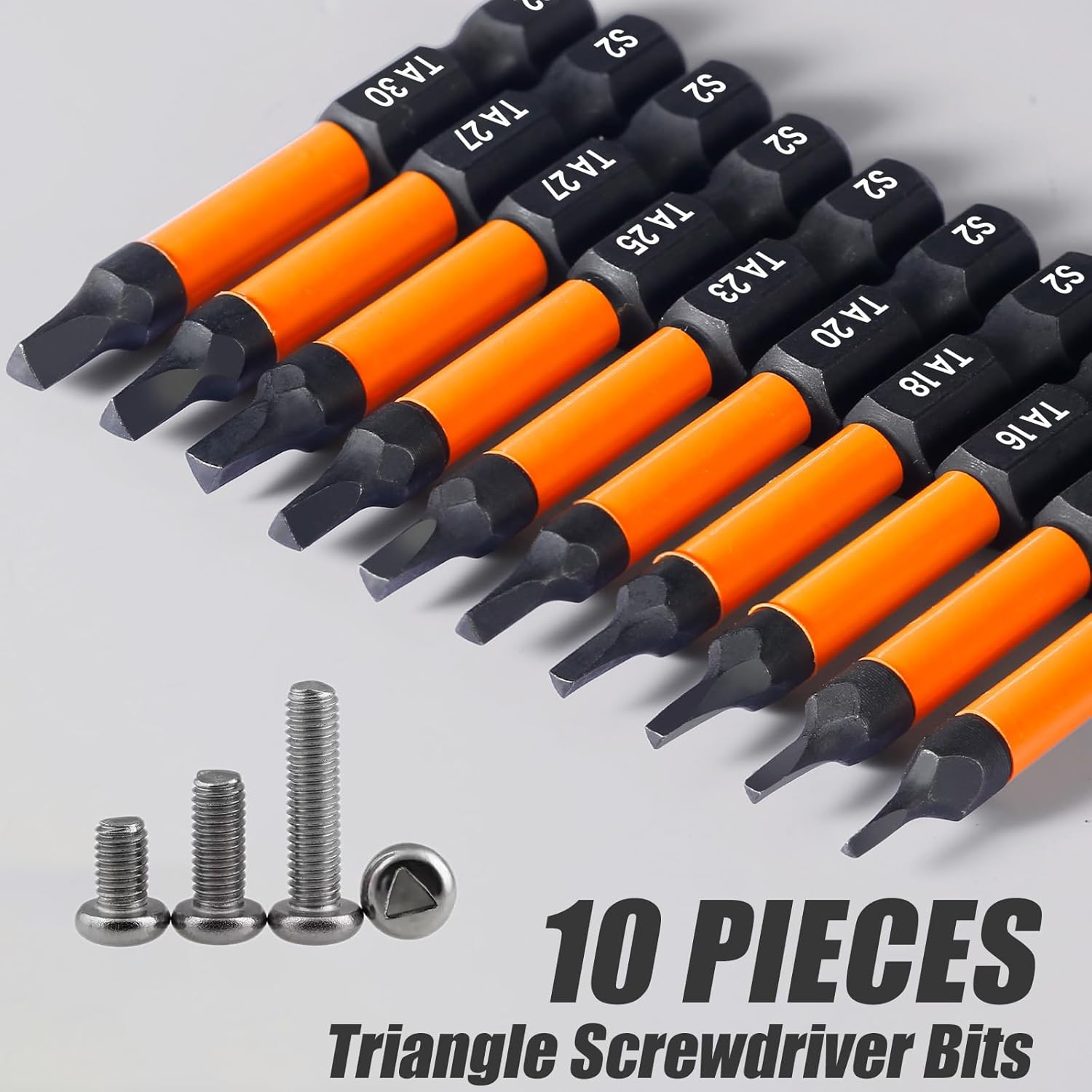 Saipe 10 Pieces Triangle Screwdriver Set, 2 Inch /50 Mm Long Magnetic Triangle Screwdriver Bits Set, 1/4 Inch Hex Shank Triangle Bit Set, S2 Steel Triangle Head Drill Bit for Impact Driver, TA12-TA30 image number 1