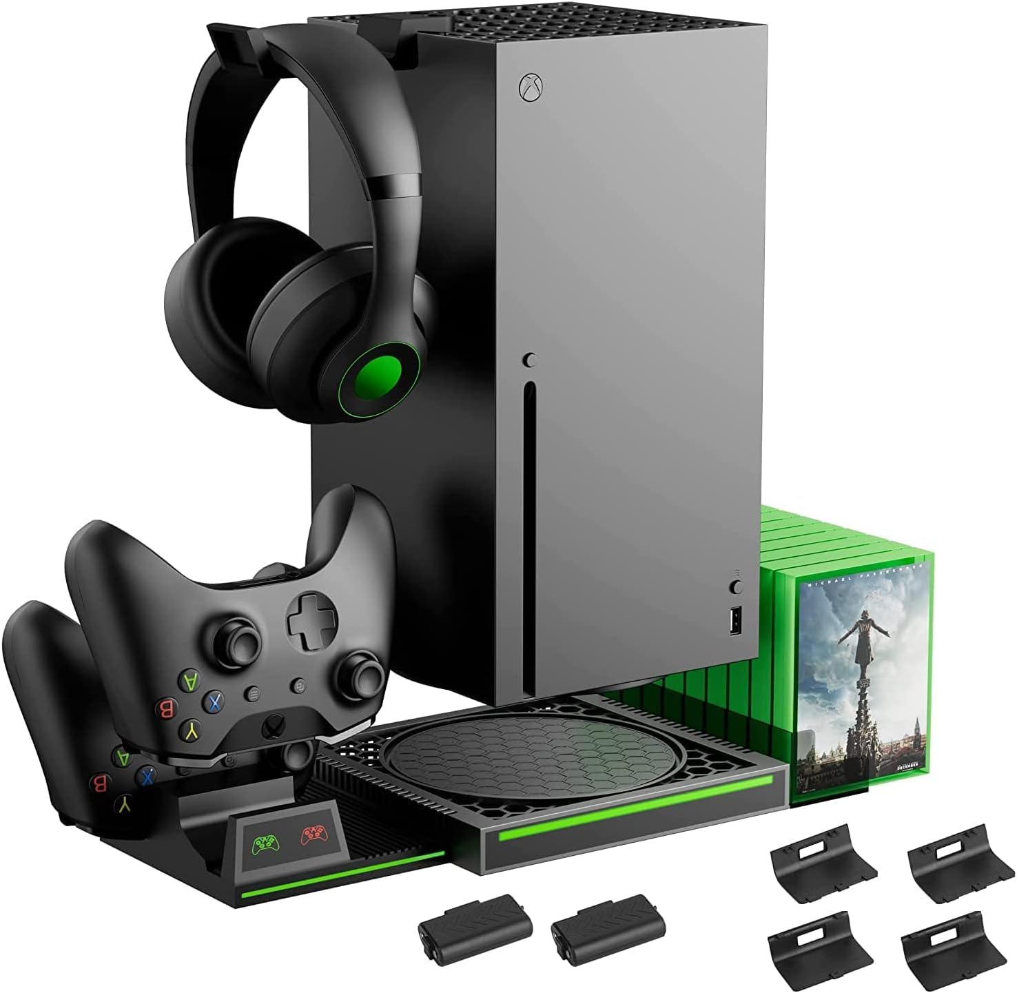 Vertical Stand Compatible with Xbox Series X Console, Dual Charging Station with 2 Rechargeable Battery for Xbox Series X Controller, with 10 Game Card Slot and Headphones Holder image number 4