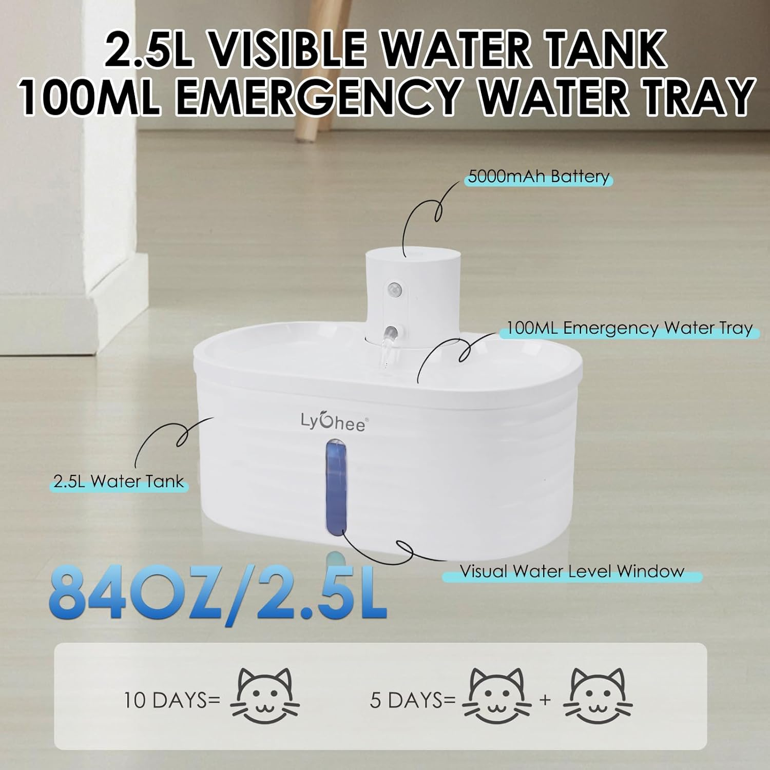 Lychee Wireless Cat Water Fountain, Silent Pump Pet Fountain with Motion Sensor, Pet Supplies, 2.5L/84Oz Battery Powered Water Dispenser with 4 Filter, Electricity Separated Design, Easy to Clean image number 1