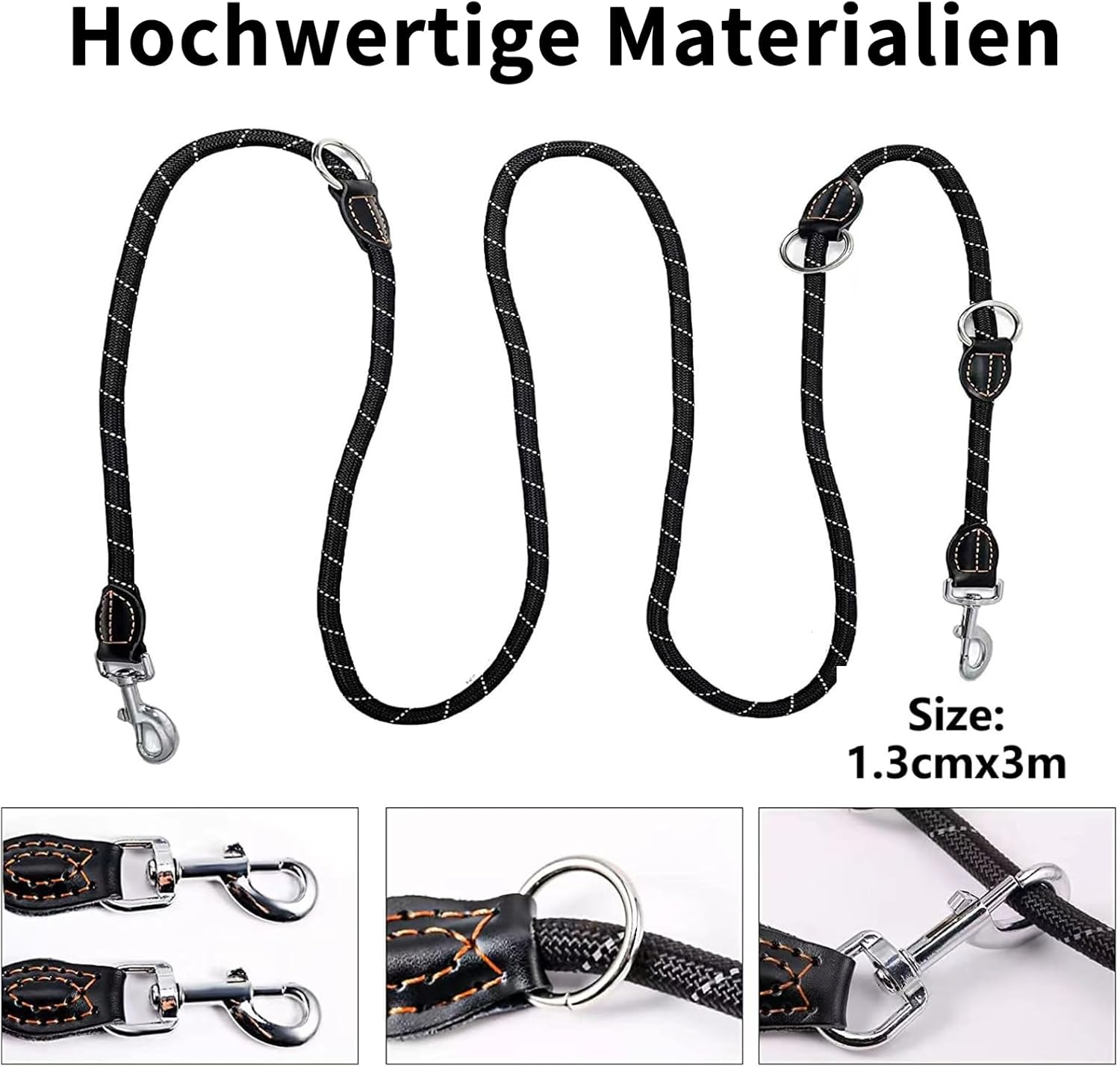 Dog Lead 3 M Adjustable with 2 Carabiners, Shoulder Leash/Double Lead Perfect for Large Dogs with Comfortable Padded Handle and High Reflective Line, with Dog Poop Bag Holder (Black) image number 2