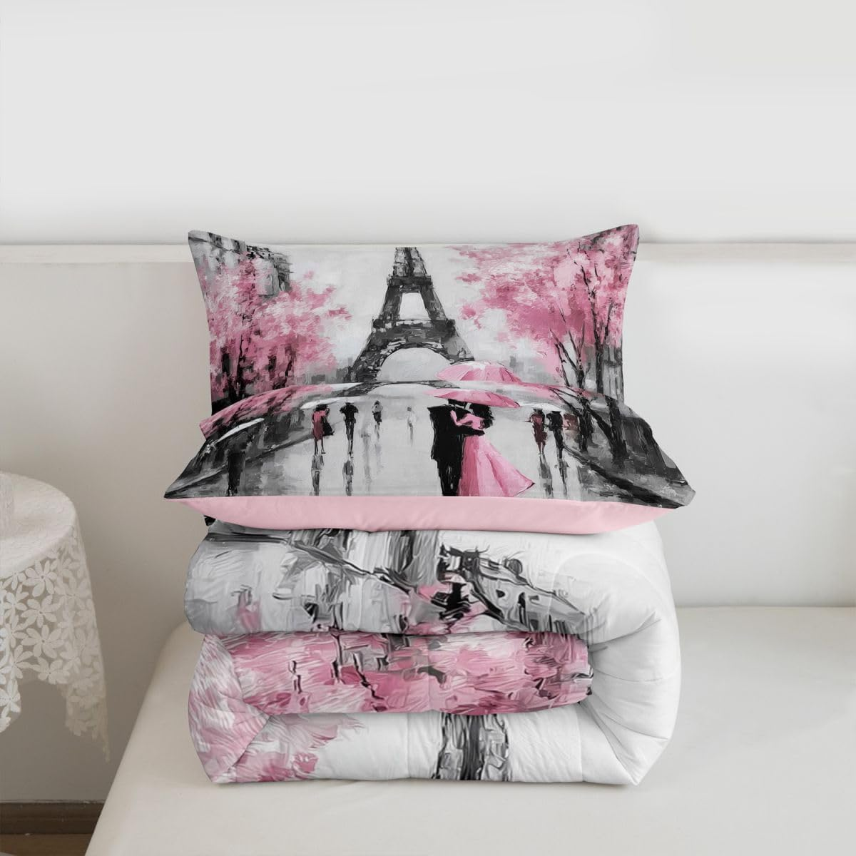 Erosebridal Eiffel Tower Comforter Sets Full Size,Pink Flowers Umbrella Bedding Set for Kids Girls Teens Women,Romantic Paris Duvet Sets,Retro City Building down Comforter with 2 Pillow Cases Grey image number 4
