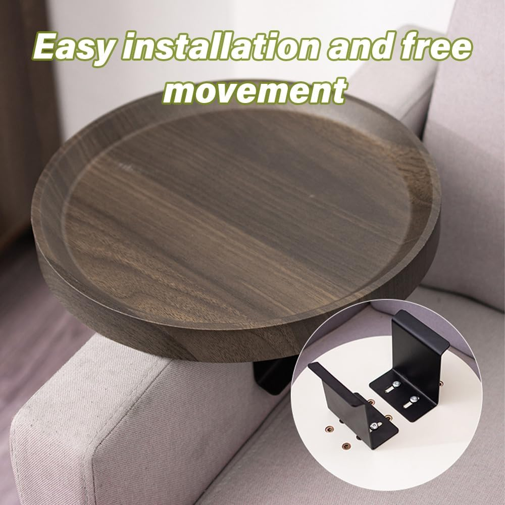 Sofa Armrest Tray, Adjustable Sofa Tray, round Tea Tray, Living Room Study Side Table, Movable and Practical Tea Table, Used to Place Drinks, Food, Snacks, Telephones. (Walnut) image number 3