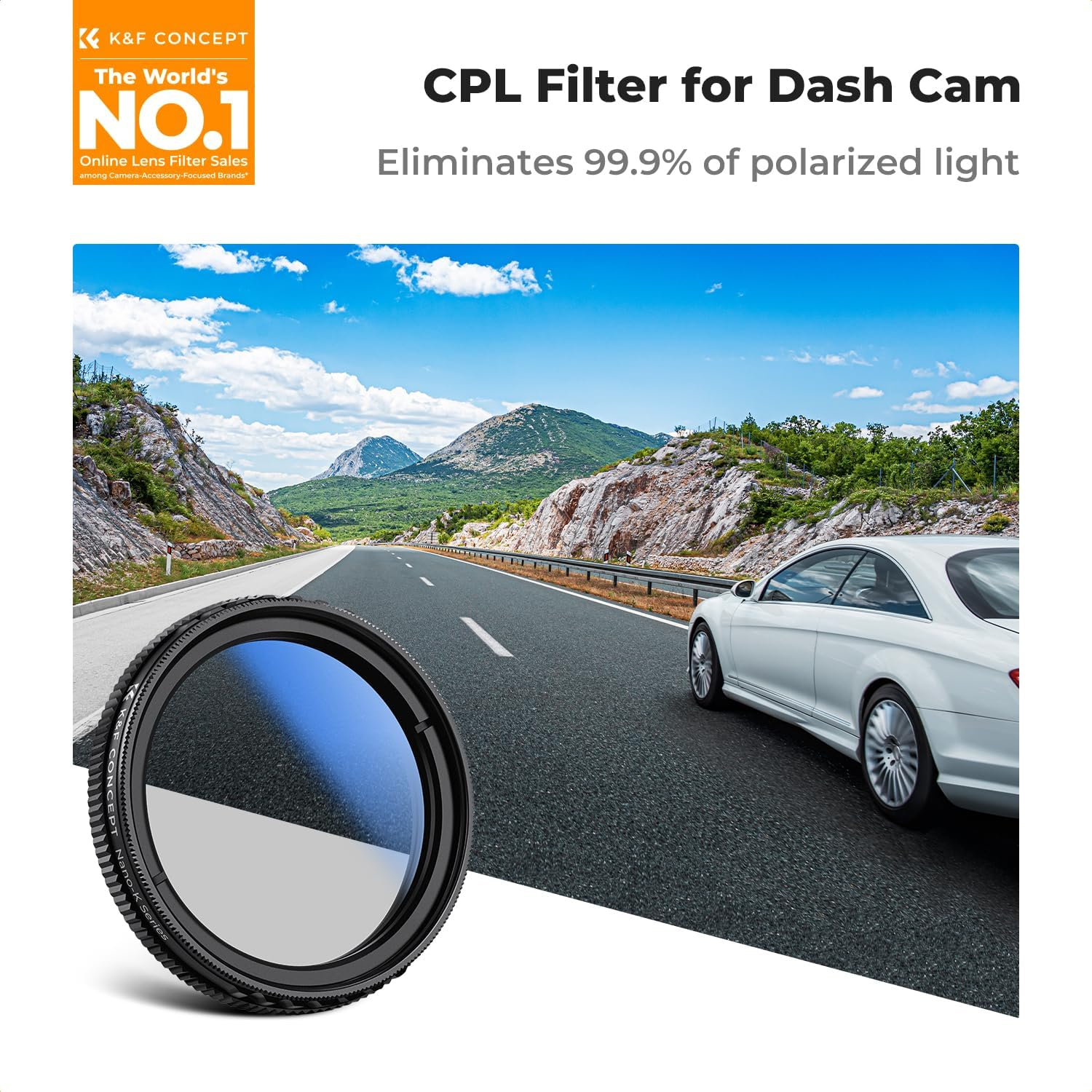 K&F CONCEPT 40Mm Ultra-Slim CPL Circular Polarizer Dashcam Filter for E1, E2, E3, E1 Lite, S1 Pro, N4 Pro N5 Dashcam, Reduce Glare and Reflection, Enhance Contrast