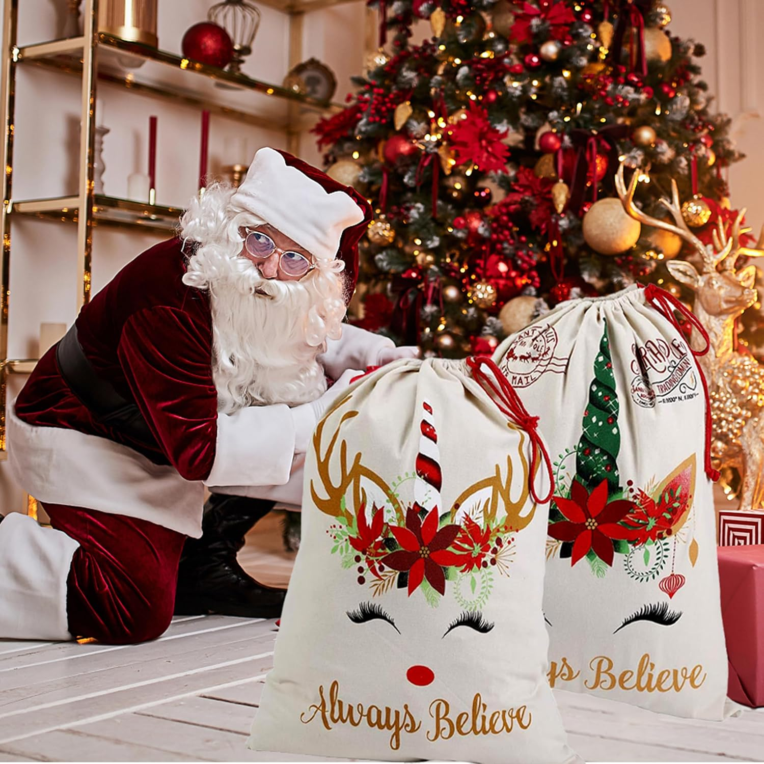 Xinblueco Santa Sack 2 Pack Christmas Unicorn Canvas Santa Bag with Drawstring Xmas Personalized Gift Bag Extra Large Christmas Sacks Size 27.5"X19.5"(Unicorn) - Unicorn image number 6