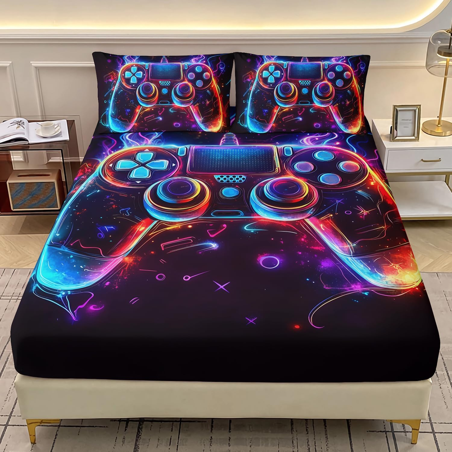 AILONEN Boys Gamer Fitted Sheet Set Queen,Colorful Video Game Controller Printed Bedding for Gaming Lovers,3D Game Console Black Fitted Sheet + 2 Pillowcases,3Pcs image number 7