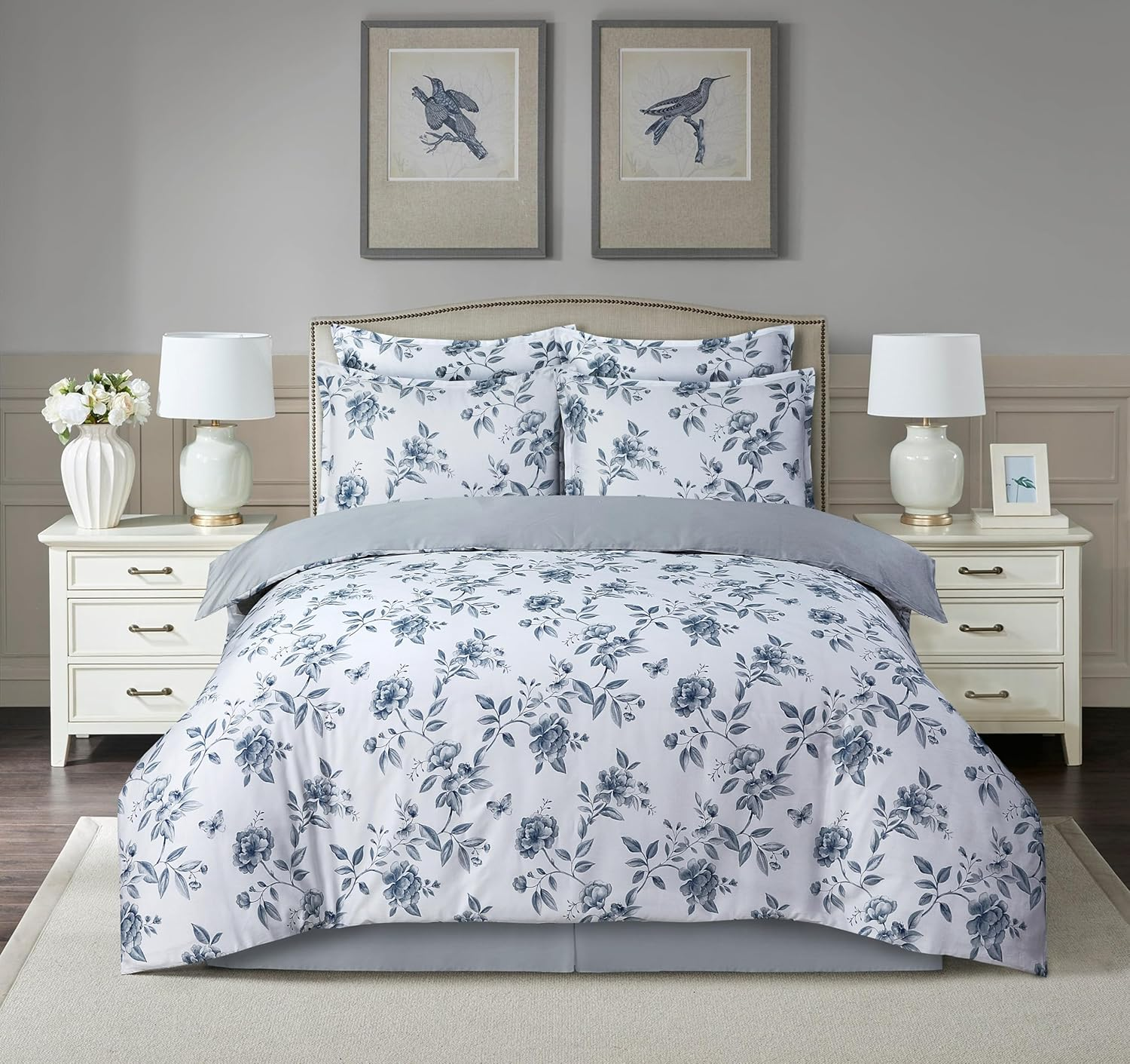 Majestic Giftware Madison Linen 6-Piece Queen Size Duvet Bedding Set (BL500-Q-2) | Tokyo Comfort - Ash 300 Thread Count Cotton Sateen | 1 Fitted Sheet, 1 Duvet, 4 Pillowcases | Soft & Luxurious