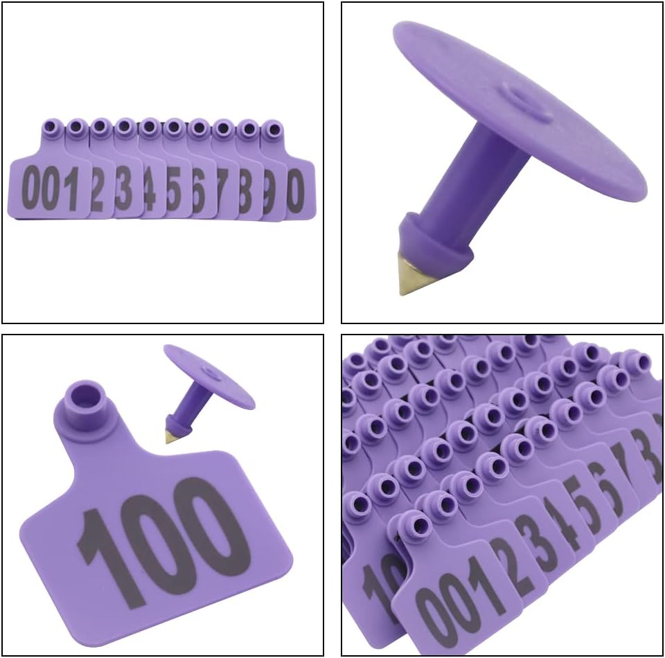 Cattle Ear Tags Large Plastic Livestock Ear Tag Marker for Pig Goat Cattle Cow Animal Identification Ear Tags, Numbered 001-100 (Purple) image number 1