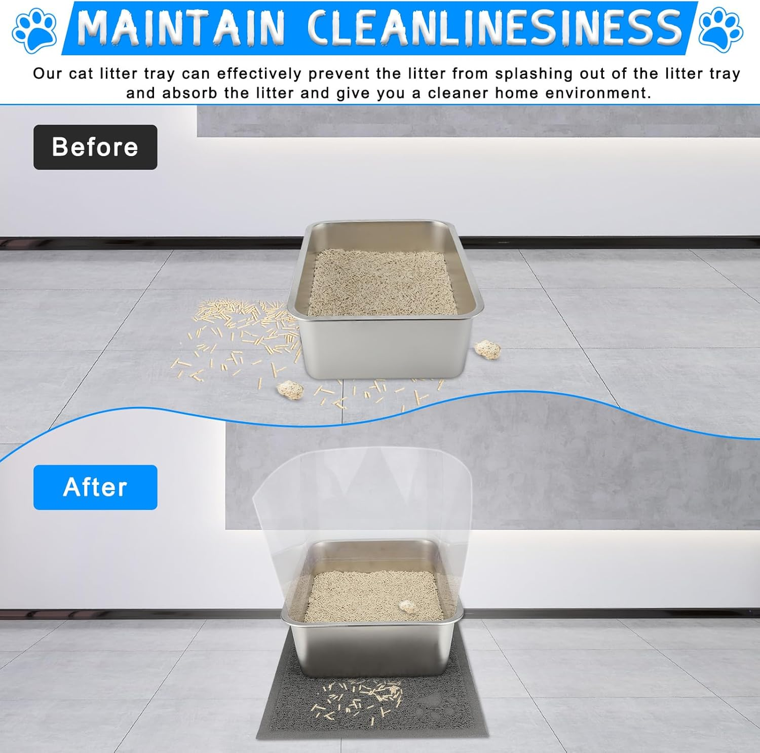 YUEPET 2 Sets Stainless Steel Cat Litter Box with High Sides, Durable Metal Cat Litter Basin Pan Easy to Clean Cat Litter Tray for Odor Control with Cat Litter Scoops Cat Litter Mats 17.5"X13.6"X6" image number 3