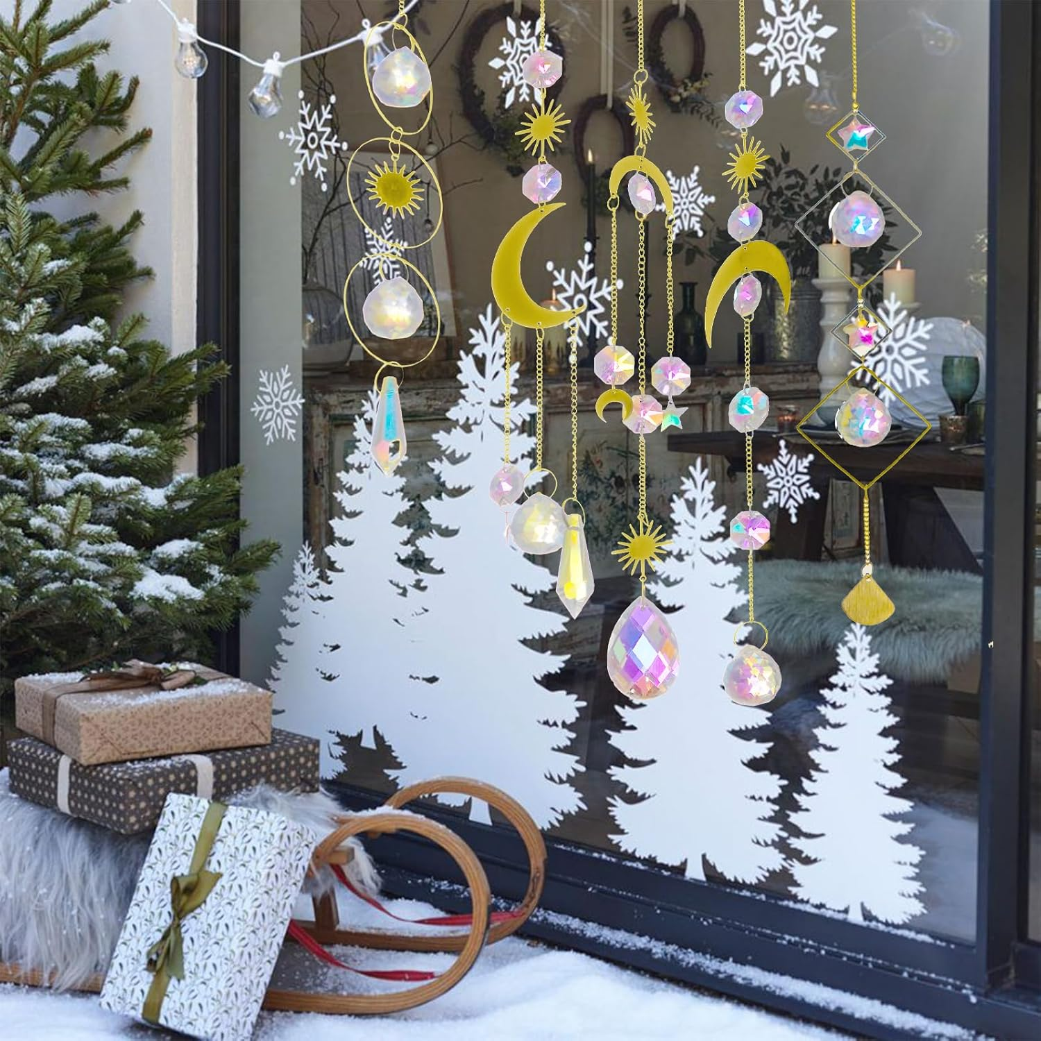 Nuyikaso 5Pcs Suncatcher Crystal Hanging Wind Chimes Rainbow Sun Moon Pendant Sun Catcher Balls for Window Home Garden Christmas Day Party Wedding Decor Gold image number 4