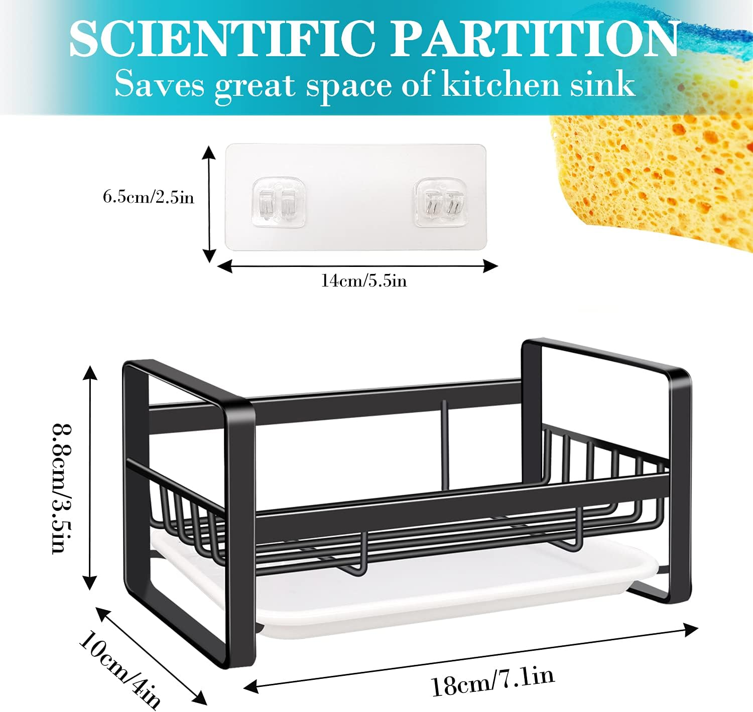 VANTEN Kitchen Sink Caddy Sponge Holder Sink Organizer, Sink Tray Drainer Rack, Soap Dish Dispenser Brush Holder Storage Accessories -Countertop or Adhesive - Black image number 6