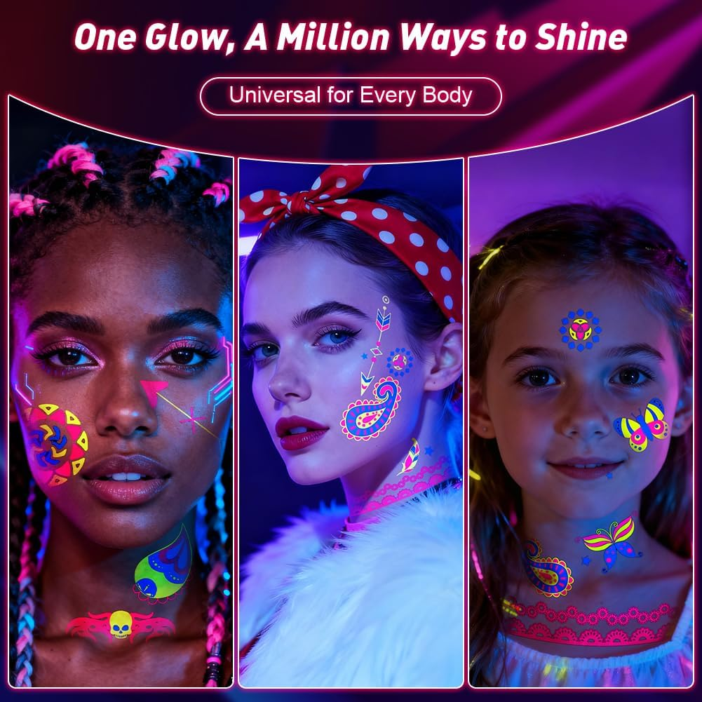 LOPHE Neon Tattoos, 24 Sheets Neon Face Tattoo for Sticking, Waterproof Glitter Tattoo, Black Light Make-Up under UV, Neon Party Accessories, Halloween, Carnival, Festival image number 1