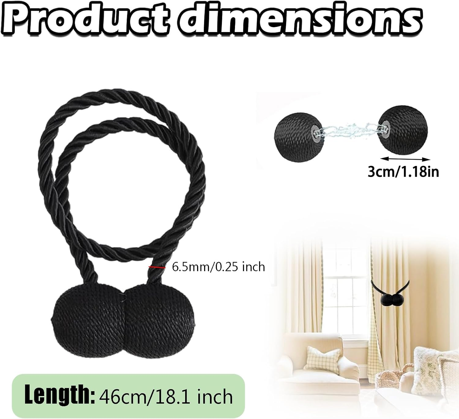 Magnetic Curtain Tiebacks Black 2Pcs - Stylish Holdbacks for Home & Office Decor - Durable Hooks for Bedroom & Outdoor Curtains - Convenient Clips for Easy Use image number 5