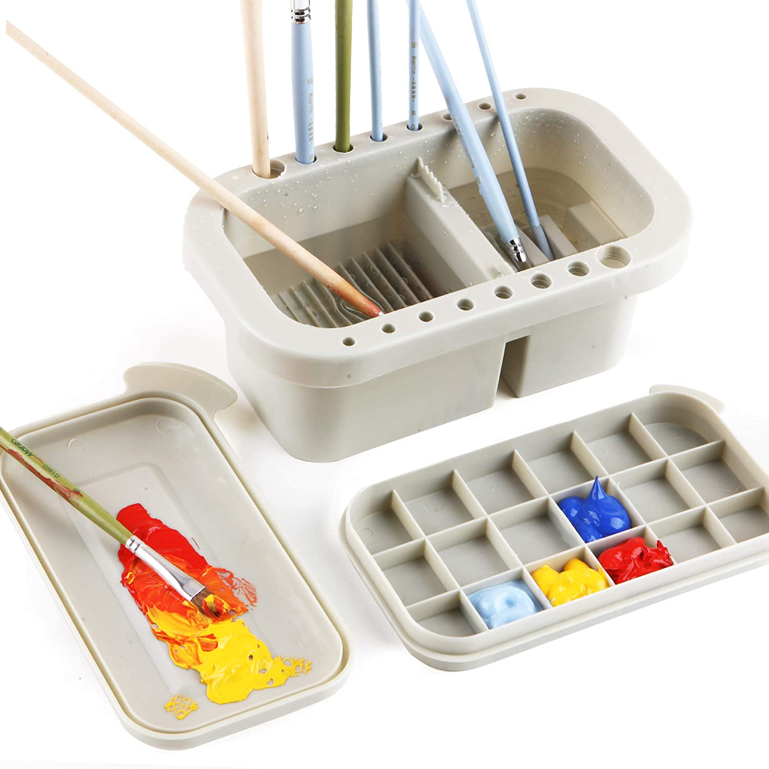 Martol Multi-Use Paint Brush Basin with Brushes Holder,Washer,Trays,Palette Box-Artist Cleaner Cup for Watercolor Oil Acrylic Gouache Painting with Lid image number 3