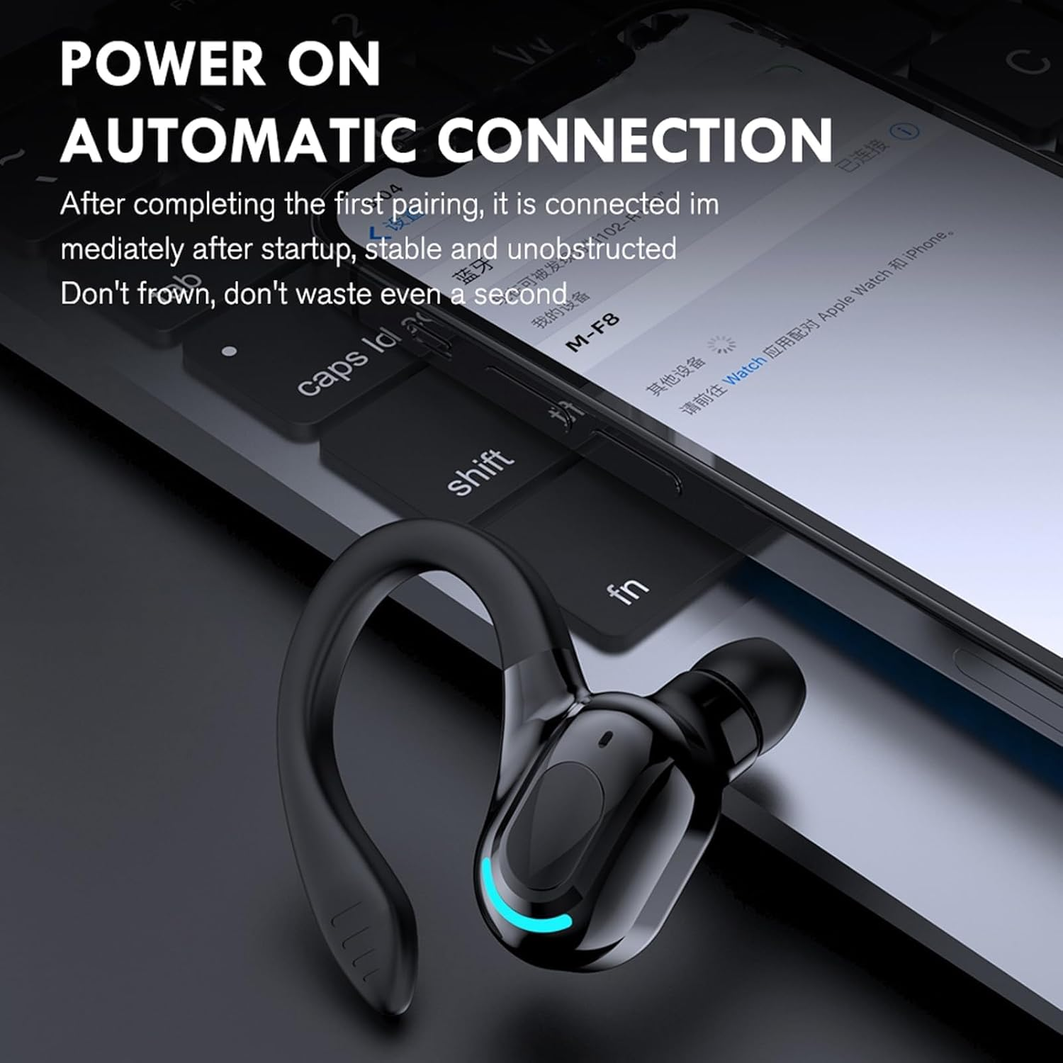 Bluetooth Headset with Microphone Mobile Phone Wireless Hands-Free In-Ear Single Headphones Bluetooth Wireless Earbud with Ear Hook Cordless Earphones Hands-Free Ear for Business Office Driving image number 6
