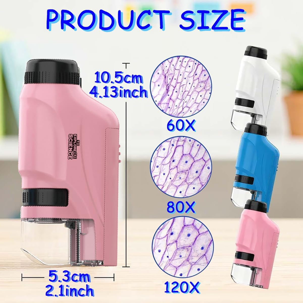 60-120X Zoom Kids Portable Microscope Pocket Handheld Mini Microscope with LED Light High Definition for Students Microbiological Observation Preschool Home Study Educational Toys（Pink） - Pink image number 4