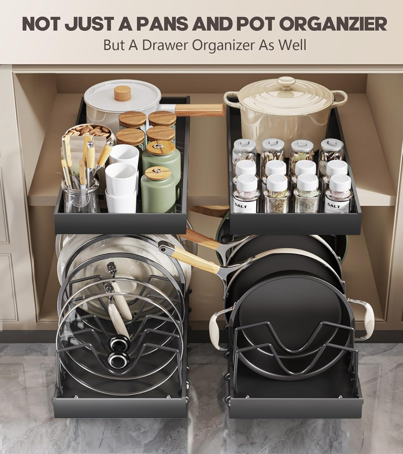 2PACK Pull Out Pots and Pans Organizer under Cabinet, Sliding Lid Holder and Pan Rack in Kitchen, Slide Out inside Cabinet Storage for Pot Lid, Bakeware, Dishes, 8 Adjustable Dividers - Black image number 6