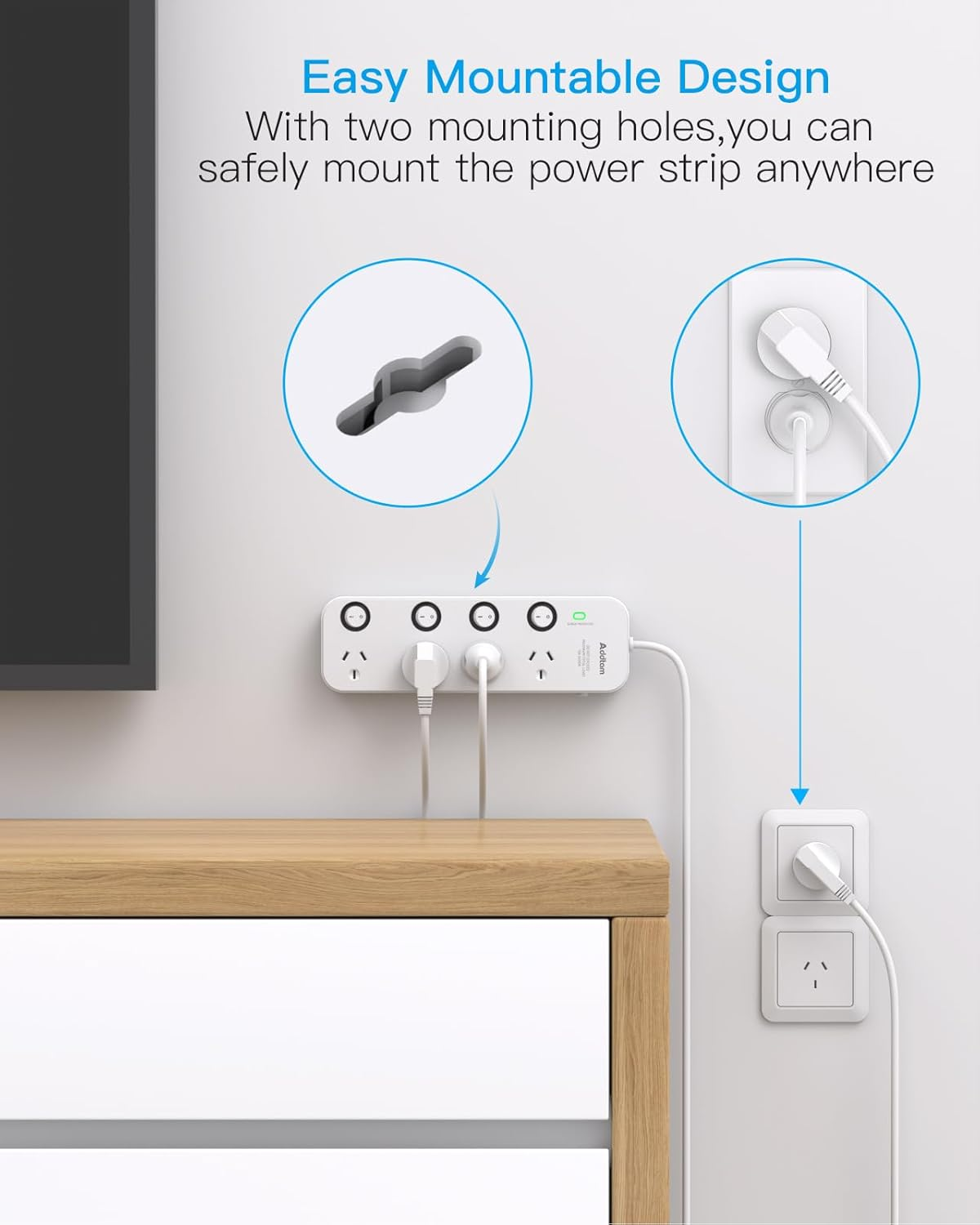 Power Board Surge Protected with Individual Switch, Powerboard with 4 Wide Spaced AC Outlets, 1M Extension Cord for Home Office Desk, Overload Protection, 350 Joules image number 2