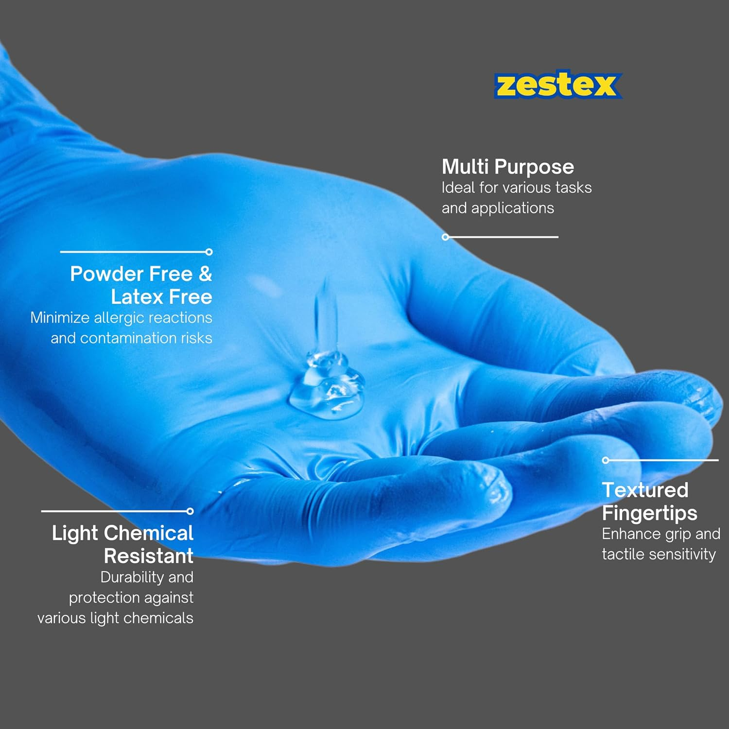 Zestex Nitrile Total Cleaning, Latex-Free & Powder-Free, Non-Sterile Food Safe Cleaning Disposable Glove, Blue, Large, Case/100
