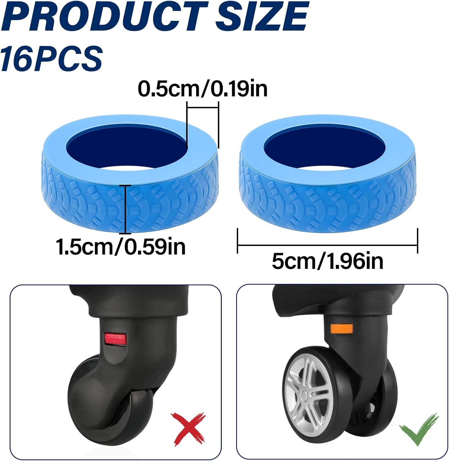 HAIKING Luggage Wheels Covers, 16 PCS Silicone Reduce Noise Luggage Accessories for Most Spinner Wheels Suitcase (5 X 1.5Cm/1.96 X 0.59In) image number 2
