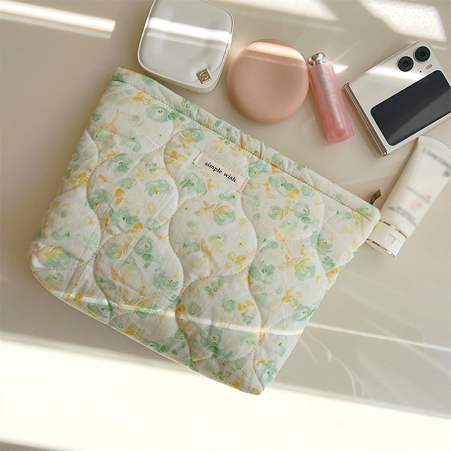 2 Pcs Floral Makeup Bag Large Travel Cotton Quilted Cosmetic Makeup Bag Organizer, Cute Coquette Aesthetic Zipper Portable Pouch Purse Storage Toiletry Bag for Women Girls Accessories, L-Green image number 5