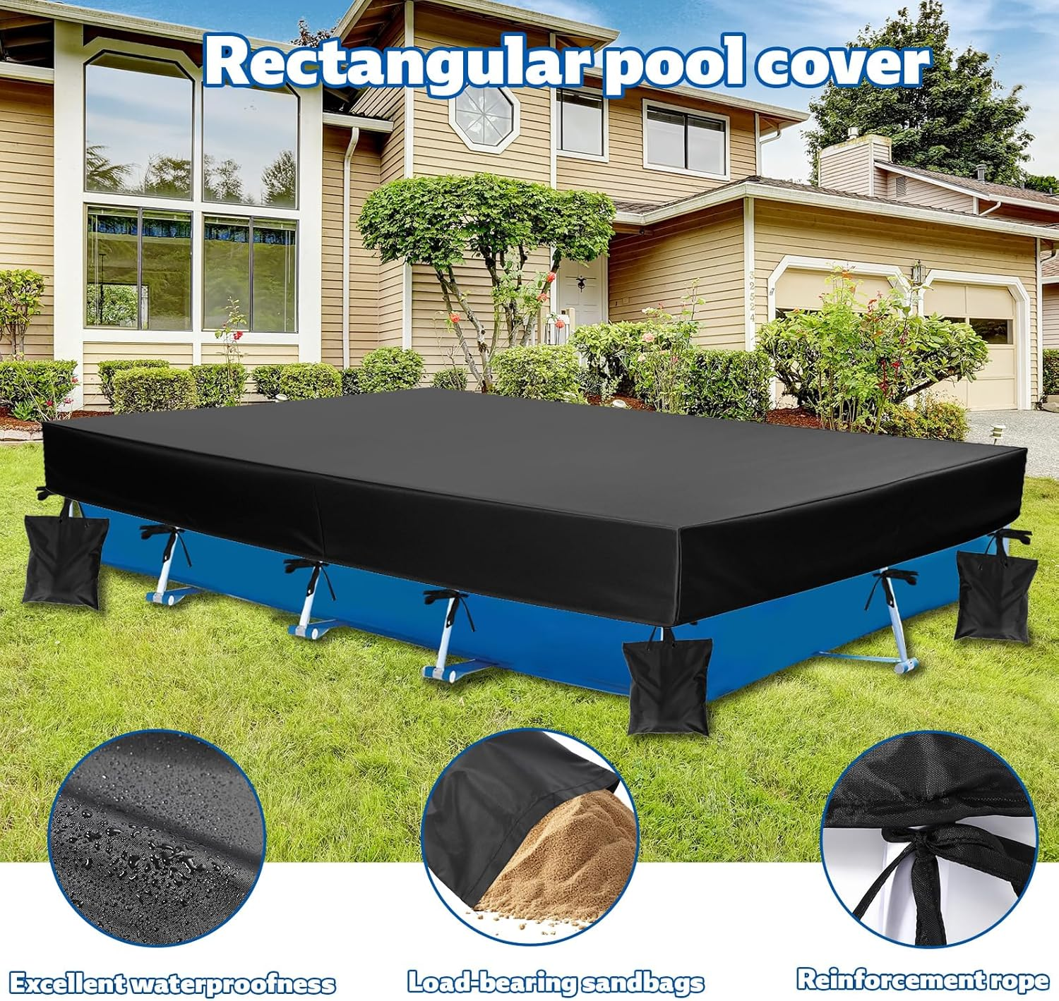 14X7X1 Ft Rectangle Pool Cover for above Ground Pools, Heavy-Duty 210D Oxford Fabric Cover with 4 Sandbags & 1 Storage Bag image number 2
