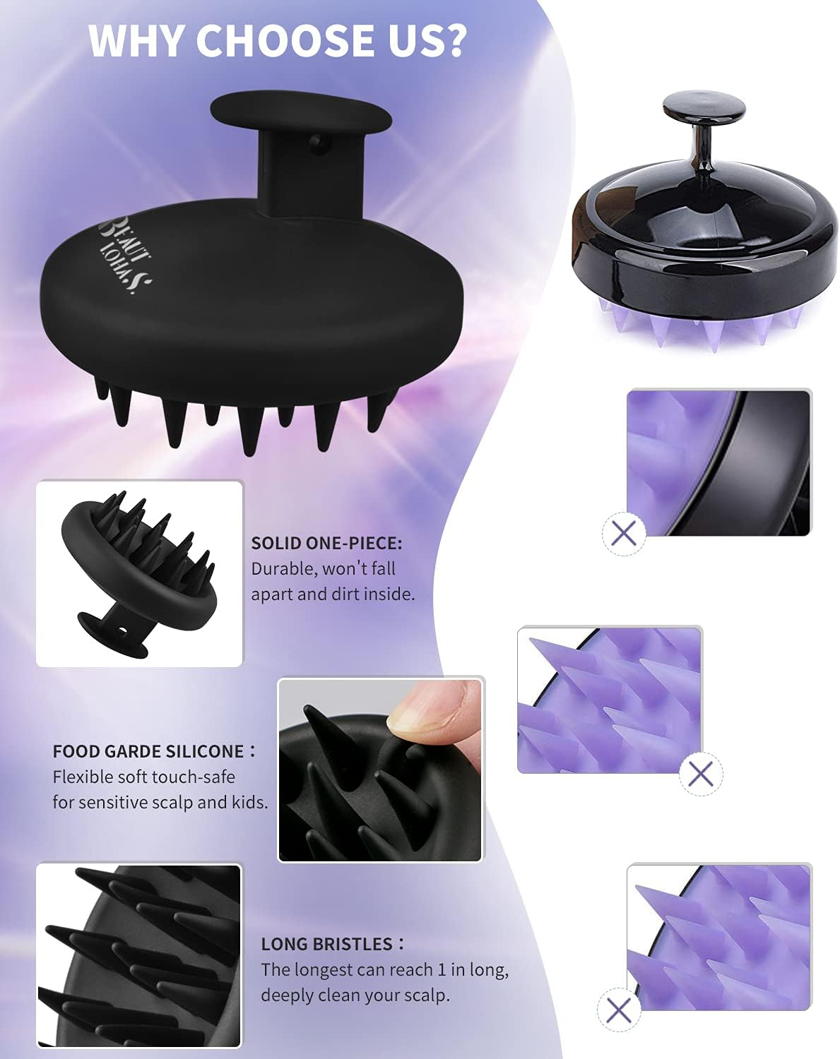 Scalp Massager Shampoo Brush, Waterproof Shower Scalp Scrubber with Soft Silicone Bristles, Scalp Brush for Hair Growth & Dandruff Treatment, Hair Massager for All Hair Types of Men Women Kids (Black) - Black image number 5