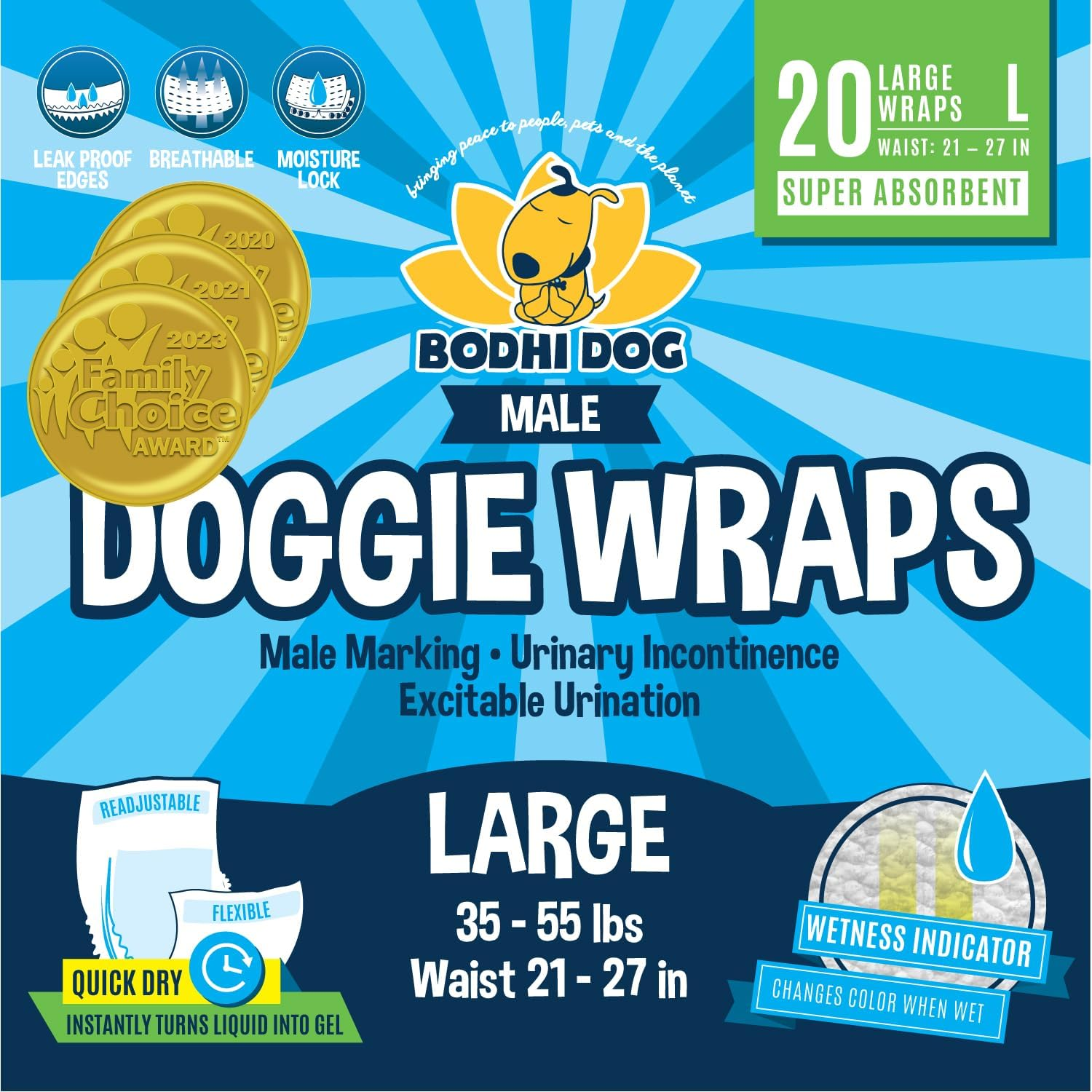Bodhi Dog Disposable Male Dog Diapers - Super Absorbent, Leak-Proof Pee Wraps - Adjustable Fit, Comfortable Design, Advanced Moisture Control, and Wetness Indicator - Large (20 Count) image number 6