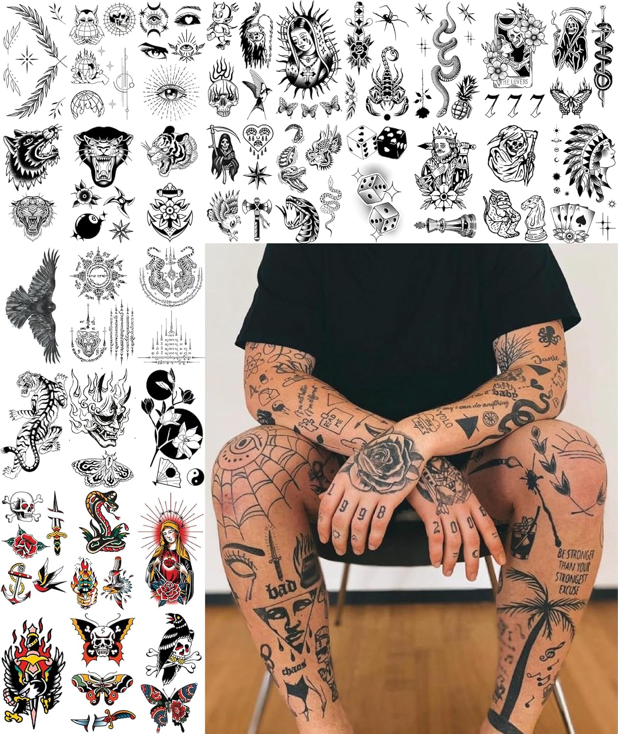 Impressed 48 Sheets Unisex Vintage American Traditional Temporary Tattoos - Small Semi Permanent Blackwork Minimalist Fake Flash Tattoo for Women and Men - Tiny Adult Hand, Sleeve Tat for Teens