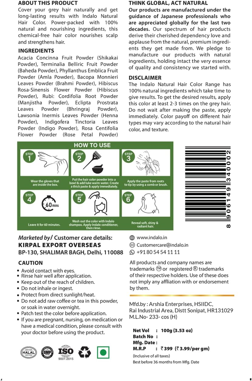 Indalo Natural Hair Color Soft Black | No Ammonia, No Paraben, No PPD, Soft Black Hair Color | Suitable for Men & Women (100G) image number 5