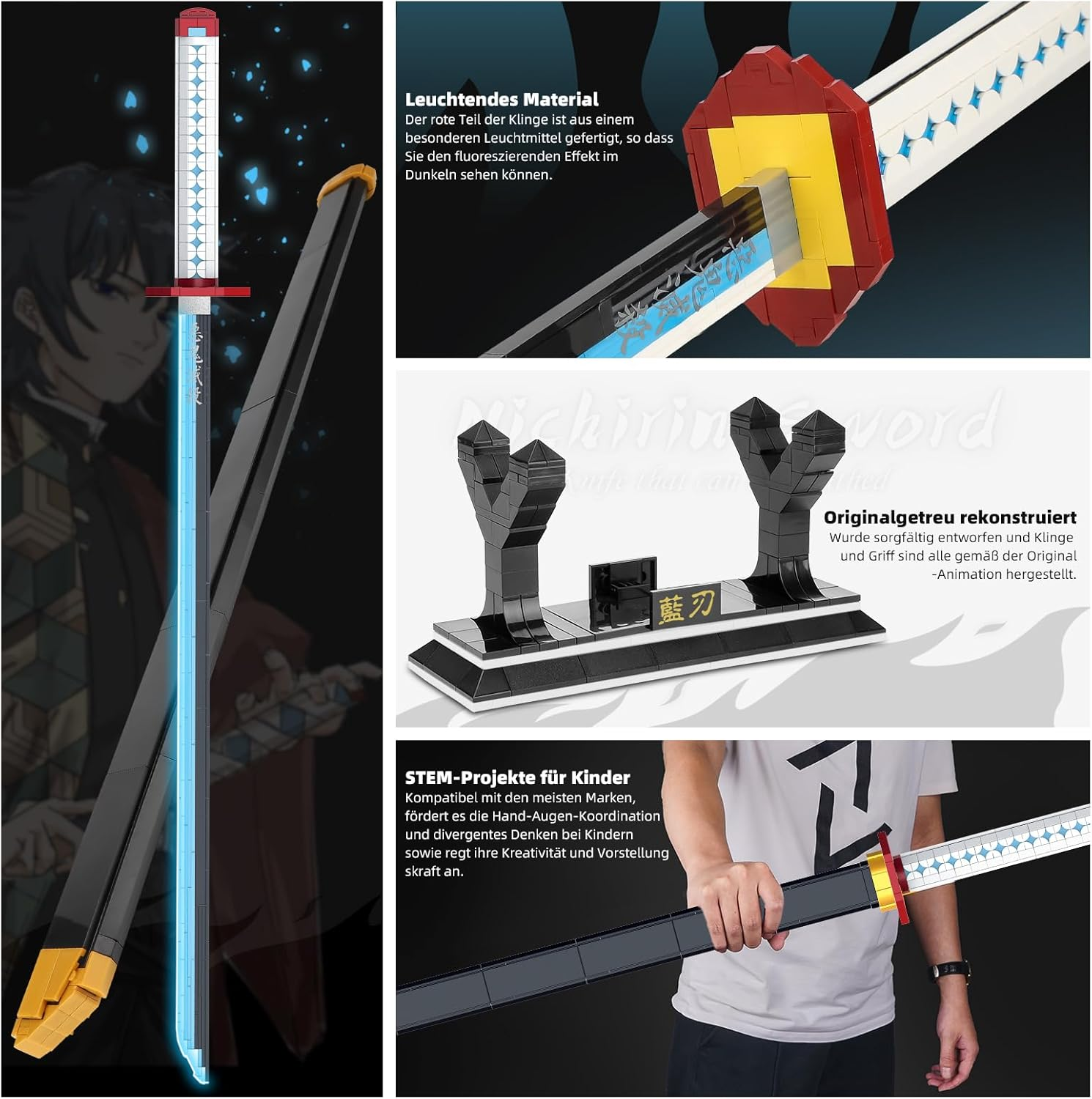 QLT Demon Slayer Sword Compatible with  Sword Ideas Cosplay Animes Tomioka Giyuu Katana, Clamping Building Blocks Decoration Adults Boys from 6-16 with Sheath Holder (695 Pieces)