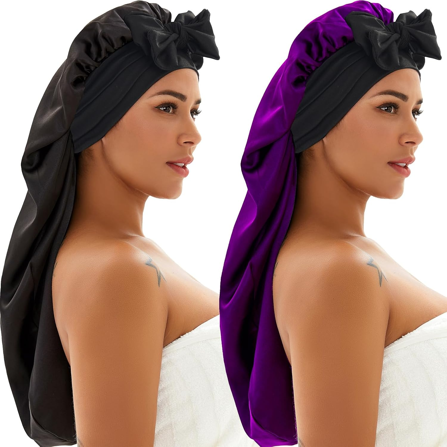 2 Pcs Silk Bonnet for Sleeping, Braid Bonnet Satin Bonnet with Tie Band Sleep Cap for Women Men Long Curly Hair Braids Black