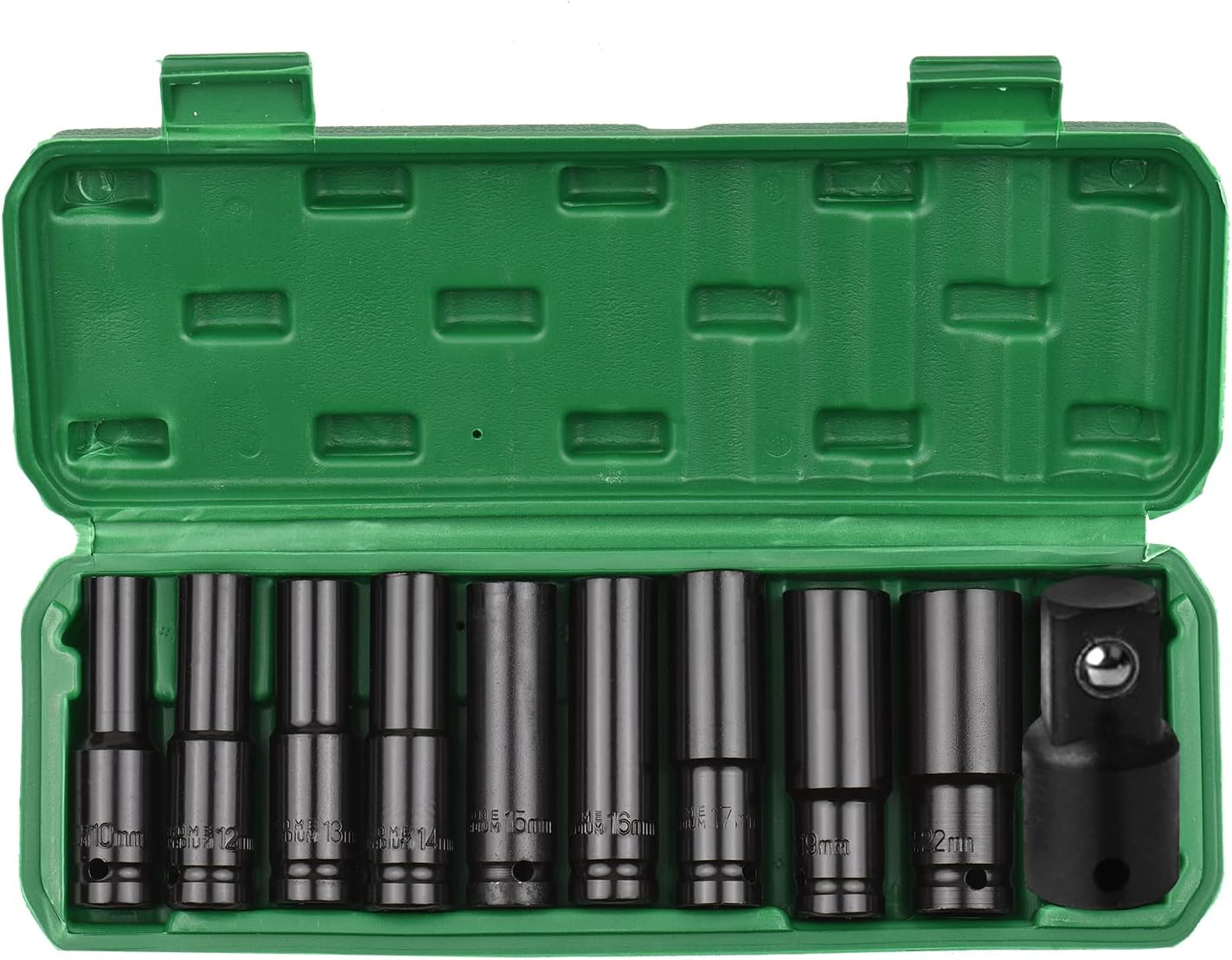 1/2 Inch Drive Hex Impact Socket Set 10-Piece Deep Socket Metric Sizes 10-22Mm and 3/8 Inch Adapter CR-V Material with Hard Storage Box