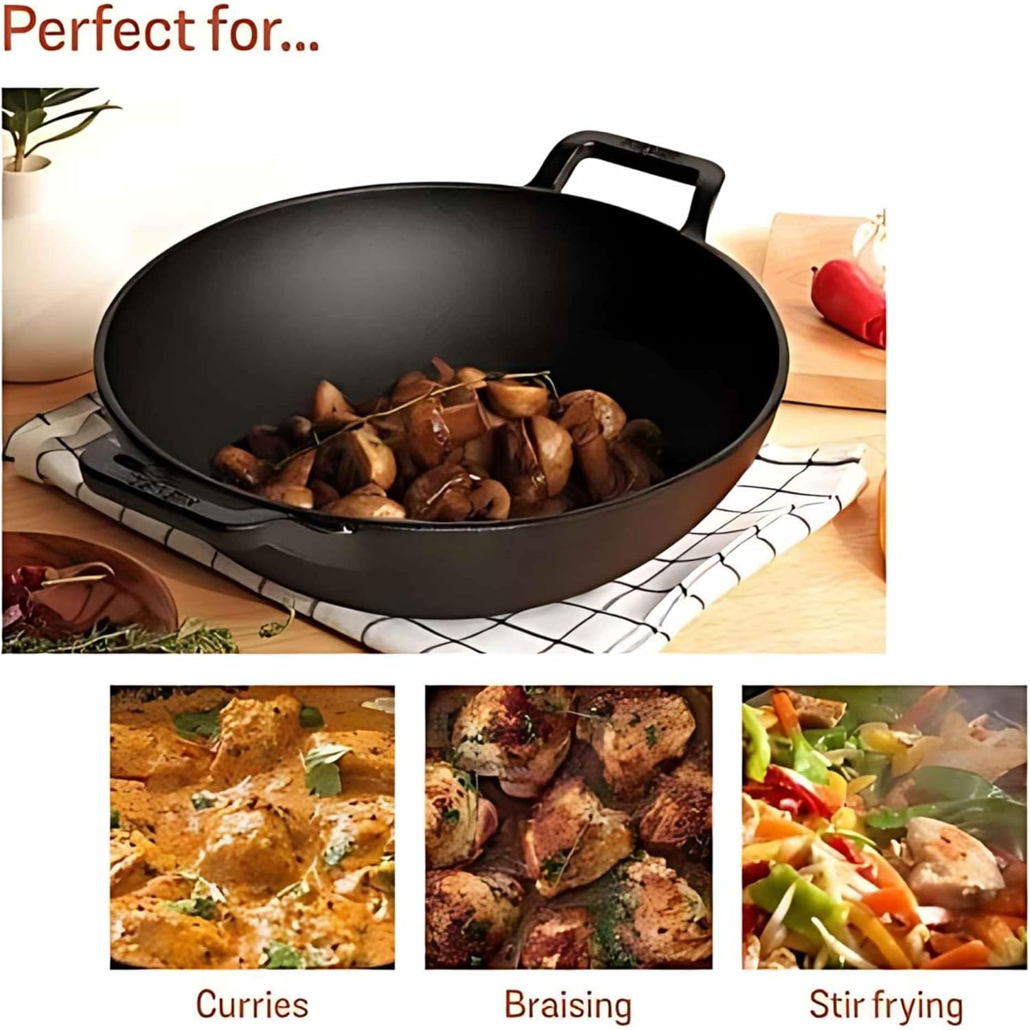 Meyer Pre-Seasoned Cast Iron Wok/Kadai 26Cm with Lid, Induction Compatible, Oven Safe, Heavy-Duty Skillet for Curries & Stir-Fries, Toxin-Free, Campfire Ready, Black image number 3
