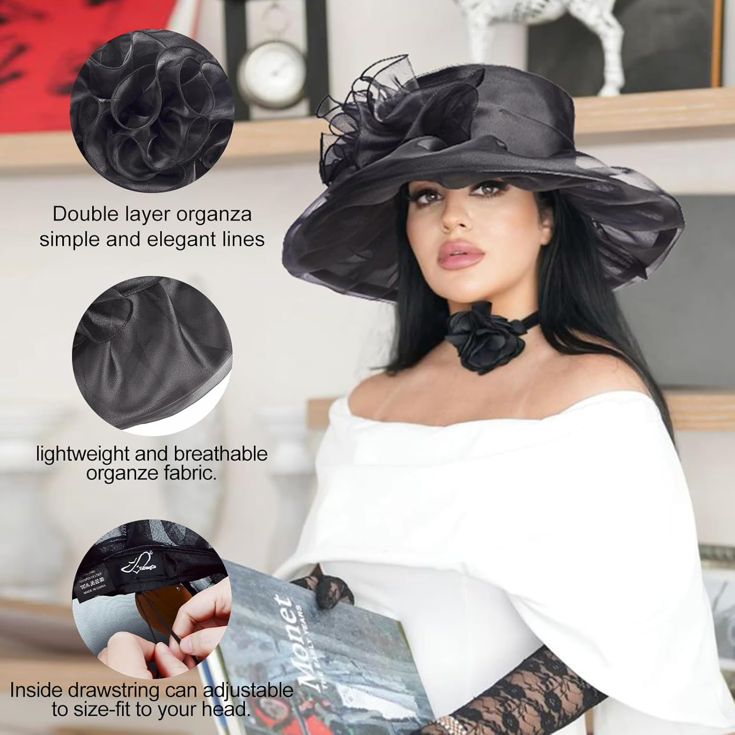 2025 Wide Brim Floral Sun Hat Church Hats for Women Ladies, Organza Feather Racecourse Horse Race Day Fascinator Hats for Tea Party Wedding UV Protection image number 6