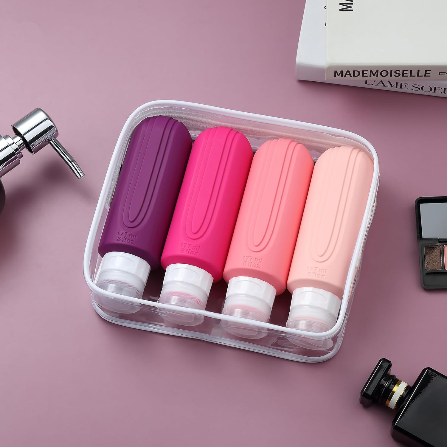 Mrsdry Travel Bottles for Toiletries, Large 6Oz Oversize Containers, BPA Free Leak Proof Tubs Refillable Liquid Traveler Accessories with Toiletry Bag for Cometic Shampoo and Lotion Soap (4 Pack) image number 5