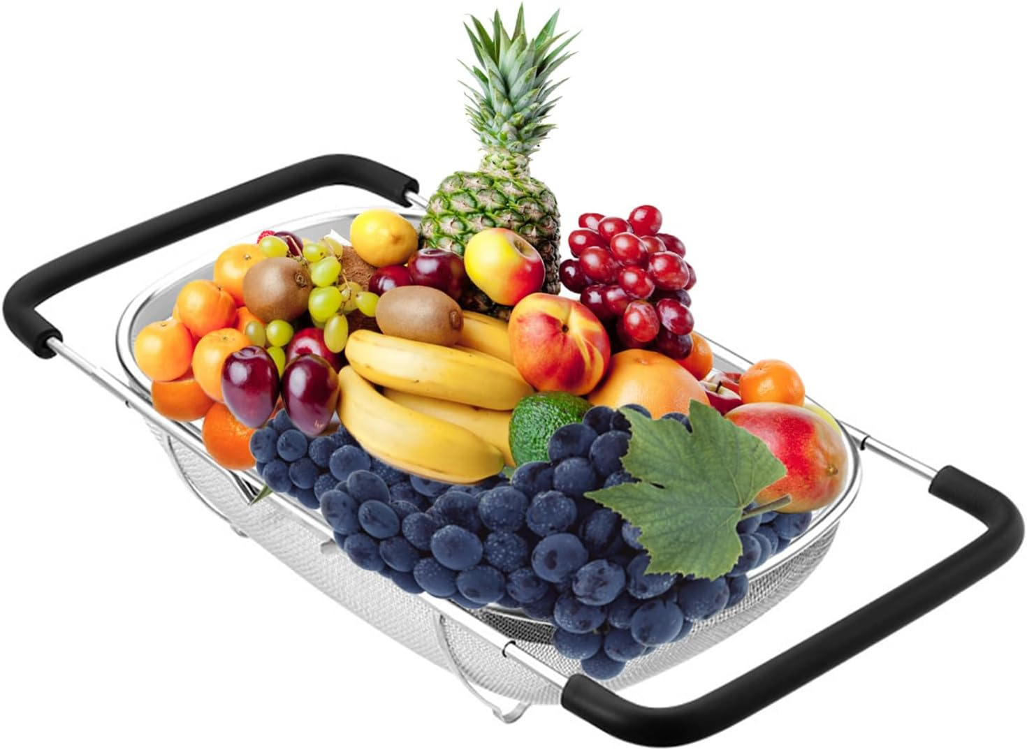 Over the Sink Strainer Stainless Steel Colander 5 Quart Basket with Expandable Rubber Grip Handles for Kitchen Sink - Strain, Drain, Rinse Fruits, Vegetables, Pasta, New Home Essentials