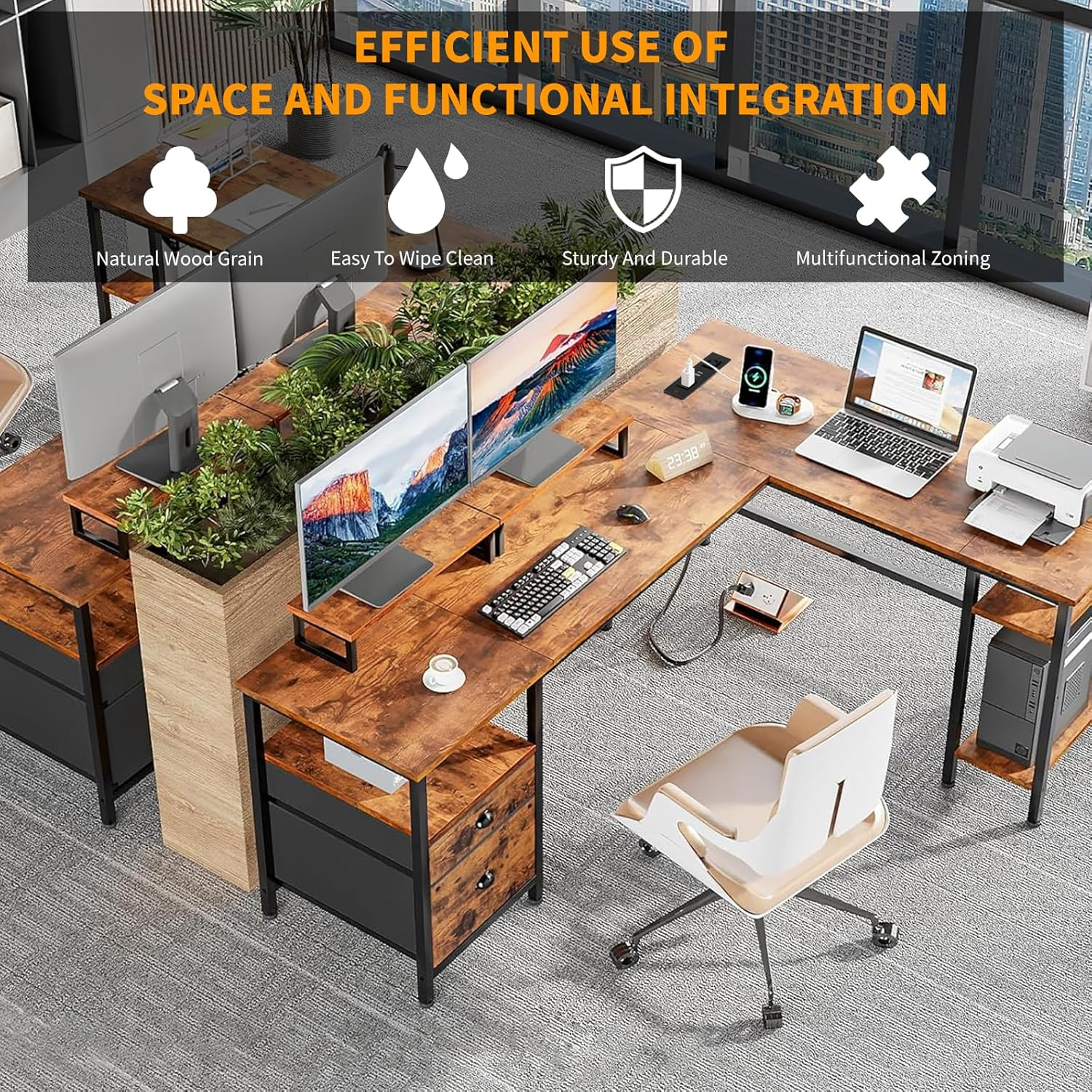 Yildue 66Inch L Shaped Computer Desk with Drawer & Power Outlet, Reversible Corner Desk with Monitor Stands and Storage Shelves, Rustic Wooden Office Desk for Work Gaming