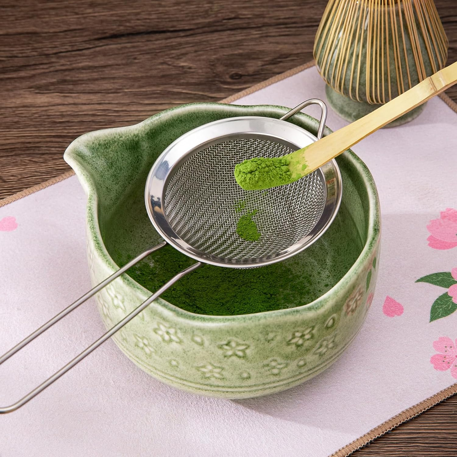 Matcha Whisk Set, 7 Pcs Ceramic Matcha Kit for Traditional Tea Ceremony, with Handmade Spout Bowl, Bamboo Scoop and Rest, Whisk, Chasen Holder, Sifter, Tea Towel, Unique Gifts for Matcha Lovers, Green