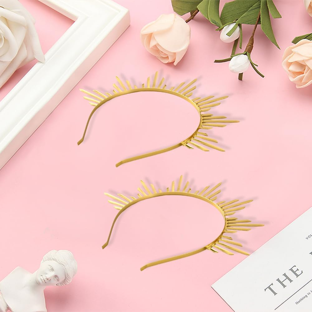 2Pcs Gold Sun Goddess Halo Crown Renfaire Sunburst Zip Tie Spikes Angel Celestial Headband Cosplay Costume Renaissance Headpiece Hair Bands for Women Halloween Wedding Party Hair Accessories