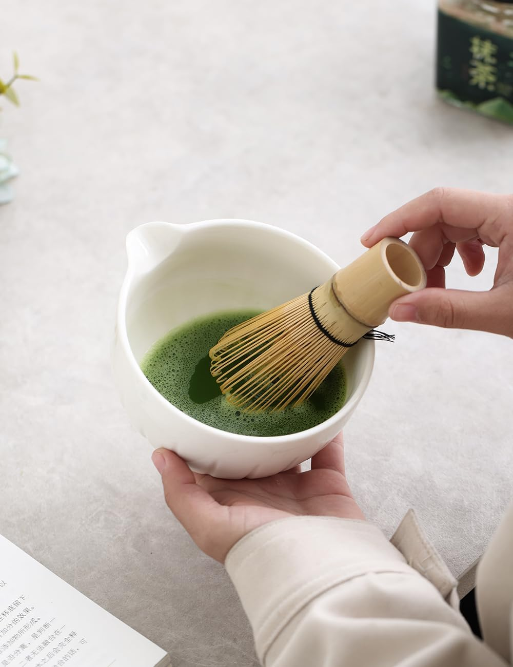 TANG PIN Matcha Set - Match Bowl and Whisk | Matcha Scoop Matcha Stand (Chasen Holder) 4Pc Perfect Matcha Kit for Matcha Tea Ceremony (White) 5.4*4.7*3.0