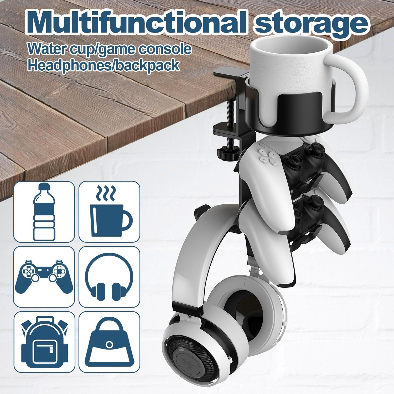 4 in 1 Desk Cup Holder with Headphone Hanger and Controller Stand, 360&deg; Swivel under Table Clip Controller Holder, Universal Adjustable Rotating Upgraded Arm Clamp for Coffee Mugs, Bottles, Headphones image number 4