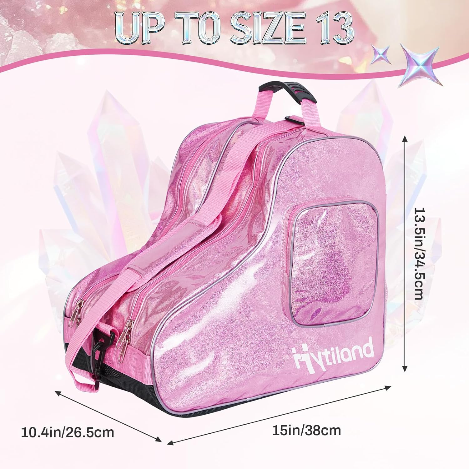 Roller Skate Bag Inline Skates Bag Stylish Plain Holographic Fashion Model Spacious Big Capacity Ice Skate Bag Breathable Mesh Waterproof & Durable Figure Skating Bag for Women and Youth