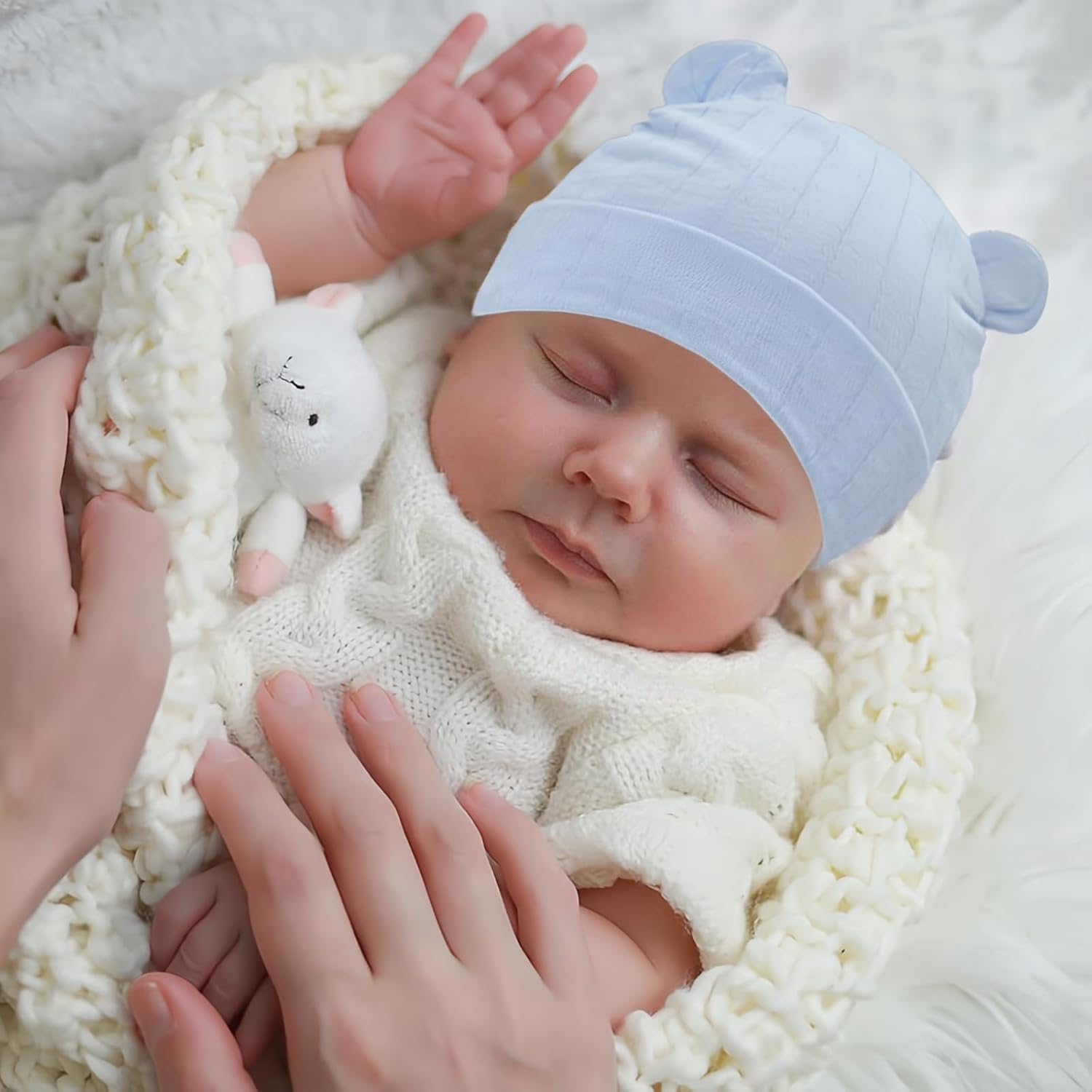 Taoluwin Baby Hats Mittens Socks Set, 3Pcs Cotton Infant Caps with 3 Pair Newborn Baby Mittens and Socks, Newborn Accessories Set image number 4