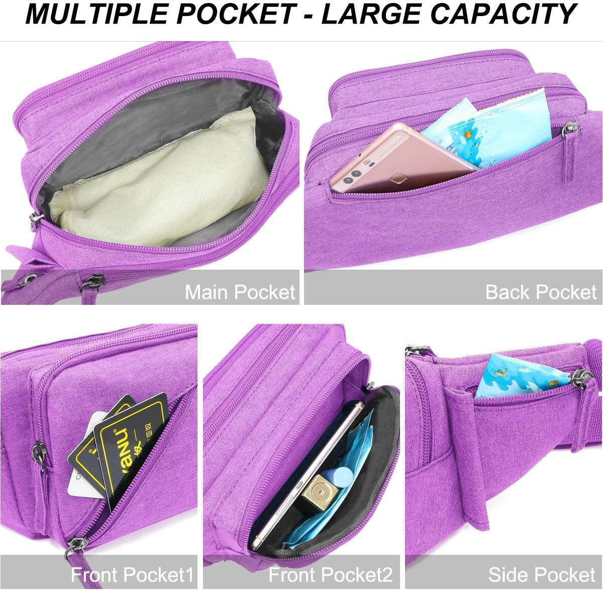 Afreter Fanny Pack Waterproof Waist Bag Pack Men Women Hip Bum Bag with Water Bottle Holder Adjustable Strap Suitable for Outdoors Workout Traveling Hiking Cycling Dog Walking Pouch Bag, Purple, - Black image number 5