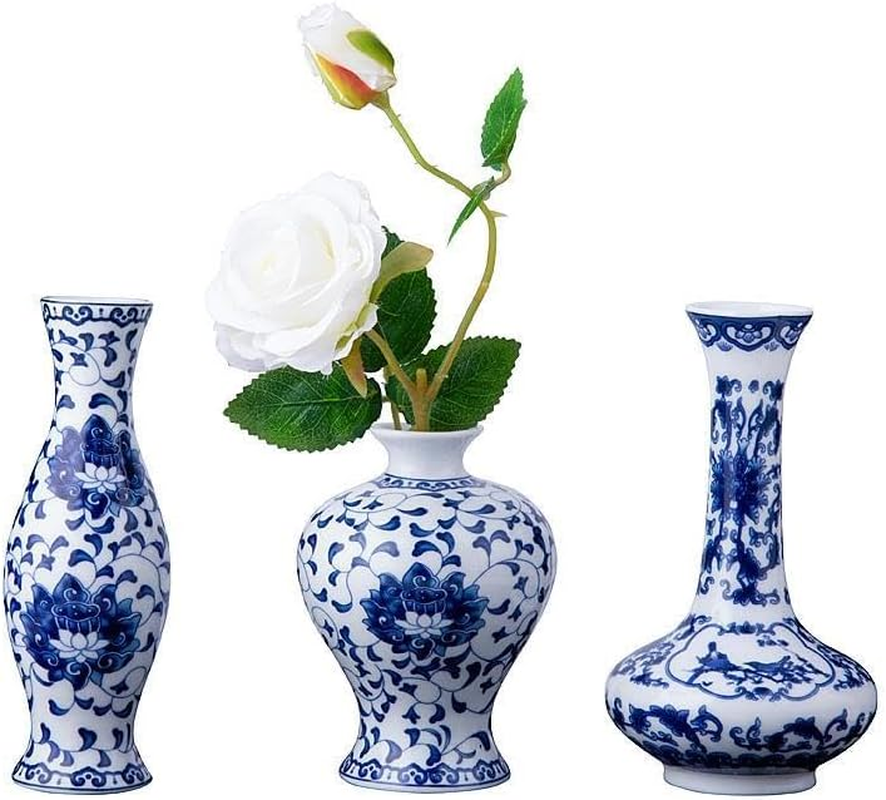 Set of 3 Small Blue & White Porcelain Vases, Fambe Glaze Porcelain Vases Set of 3, Classic Ceramic Flower Vases for Home D&eacute;cor