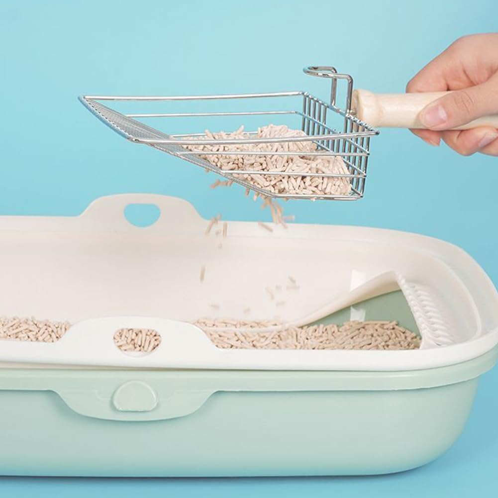 Polished Smooth Stainless Steel Durable Wooden Handle Cat Litter Scoop 7Mm Gaps Metal Garbage Shovel image number 1