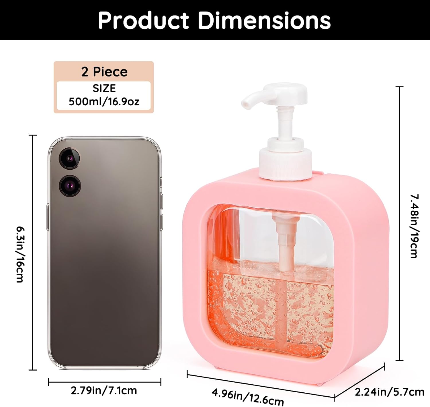 Segbeauty Shampoo and Conditioner Dispenser, 2Pcs 500Ml Dishwashing Liquid Dispenser, Pump Bottle with Labels, Empty and Refillable, in Plastic (Pink)